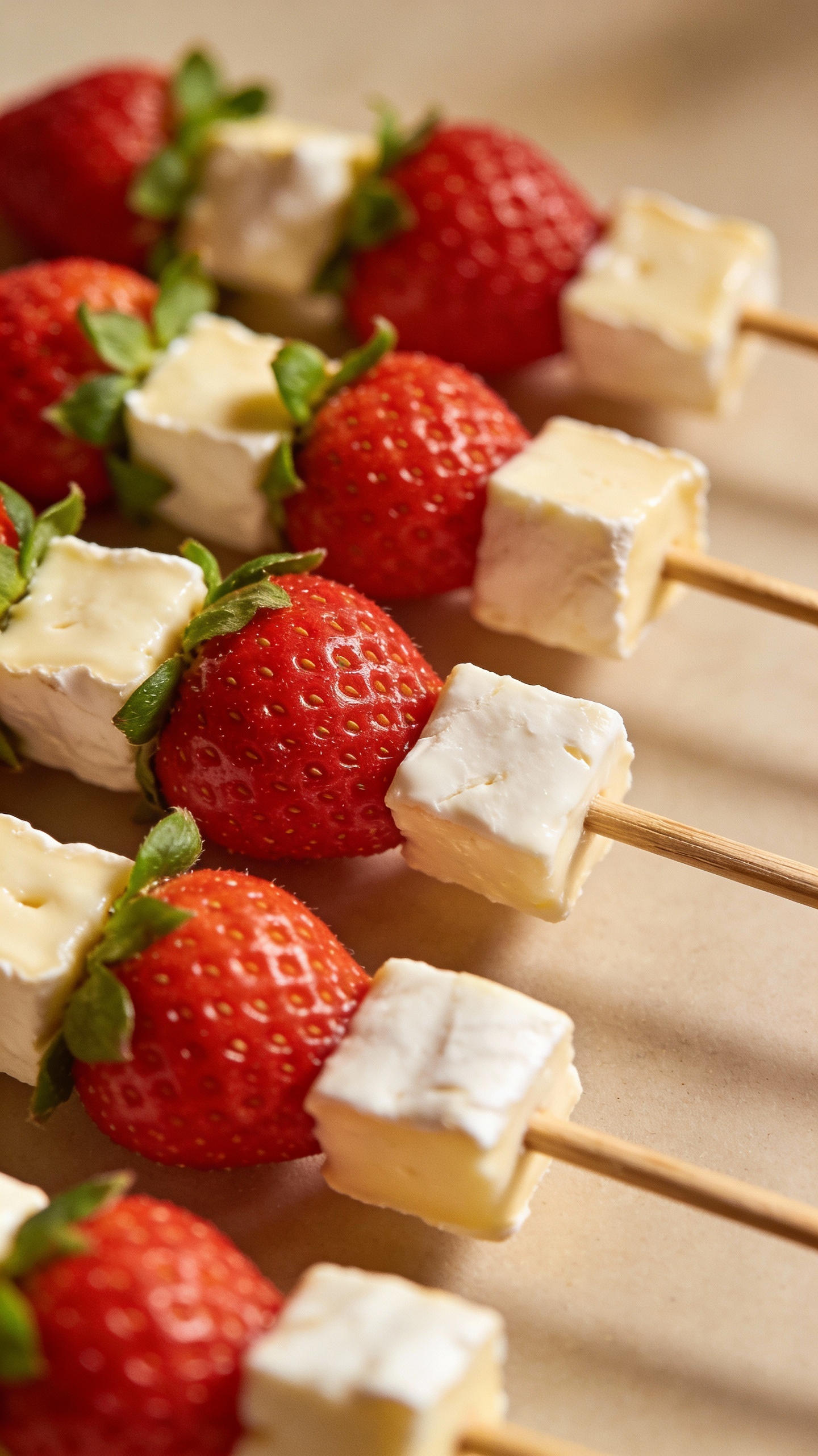 close-up of strawberry and brie skewers, minimal backdrop