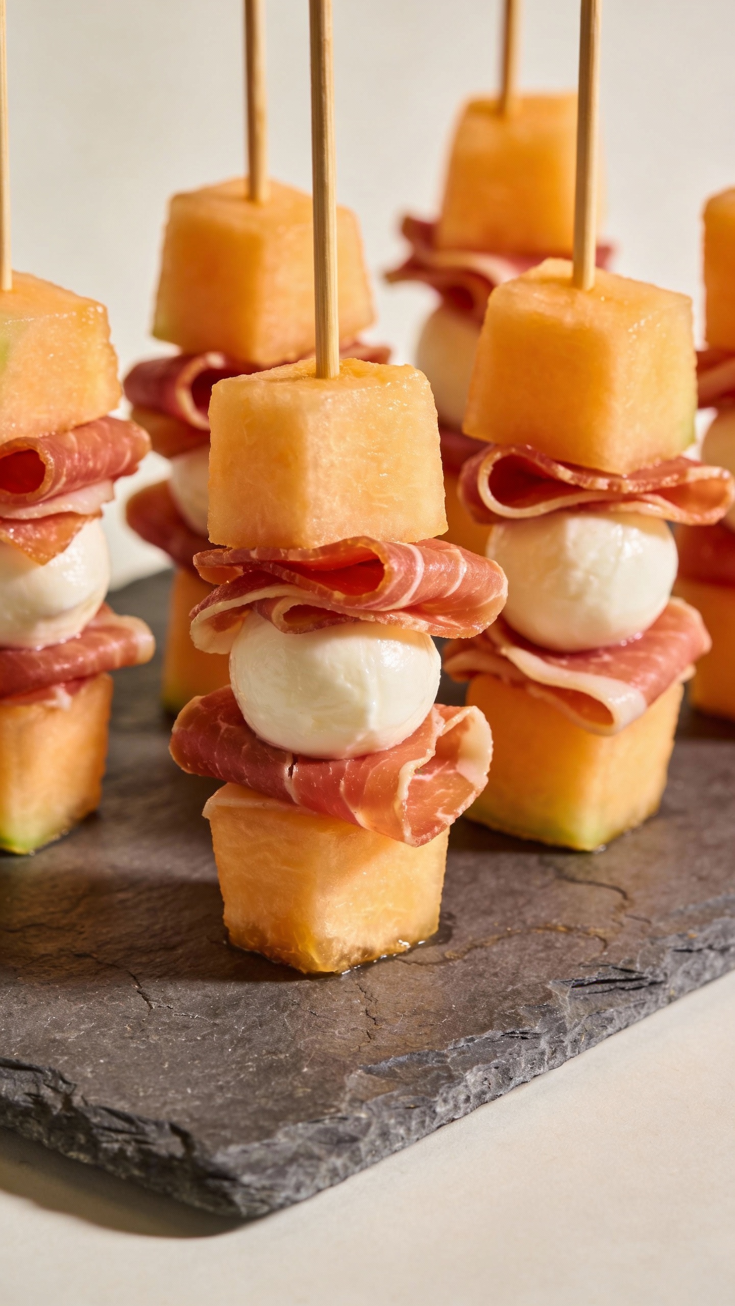 melon and prosciutto mozzarella skewers, slate serving board