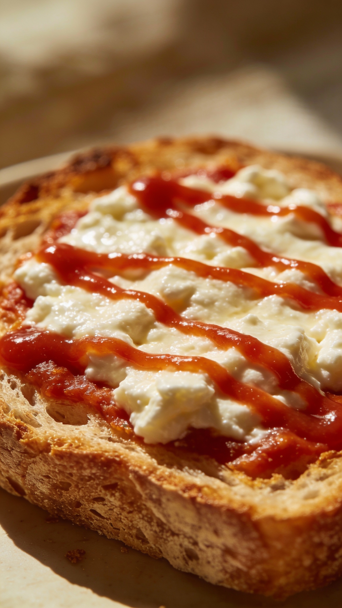 Cottage cheese pizza toast on sourdough, tomato sauce drizzle