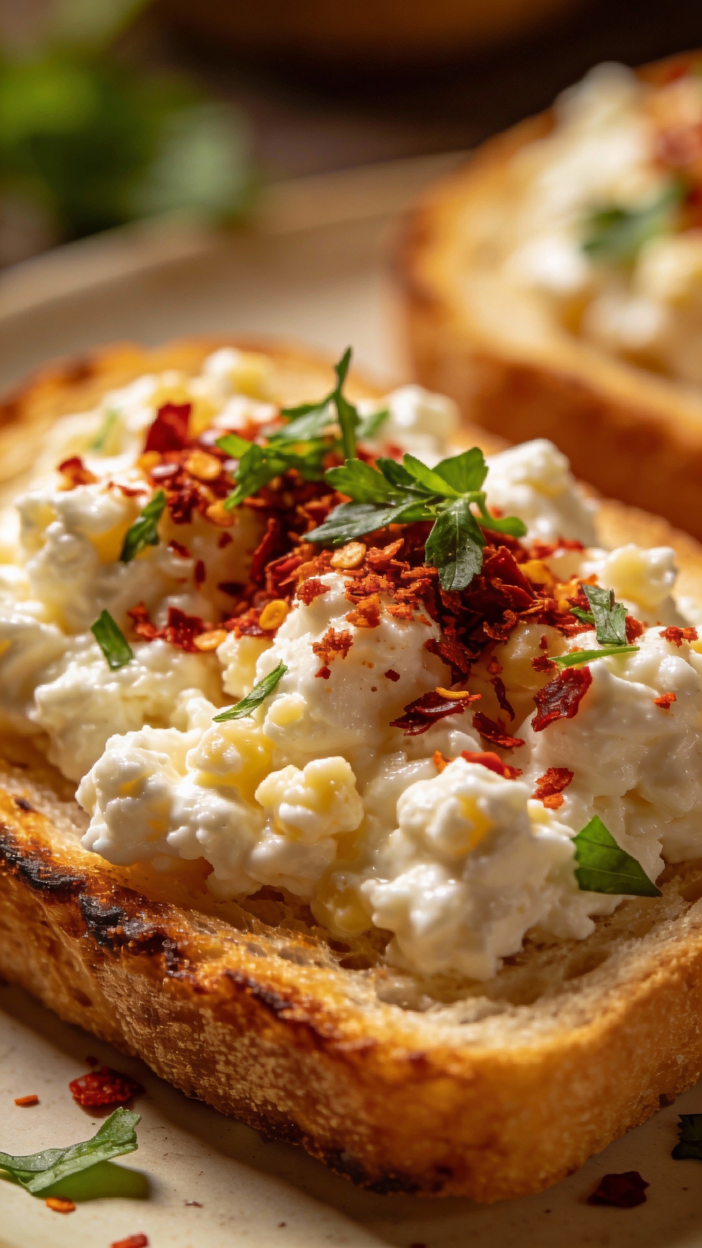 Close-up cottage cheese toast with chili flakes and herbs