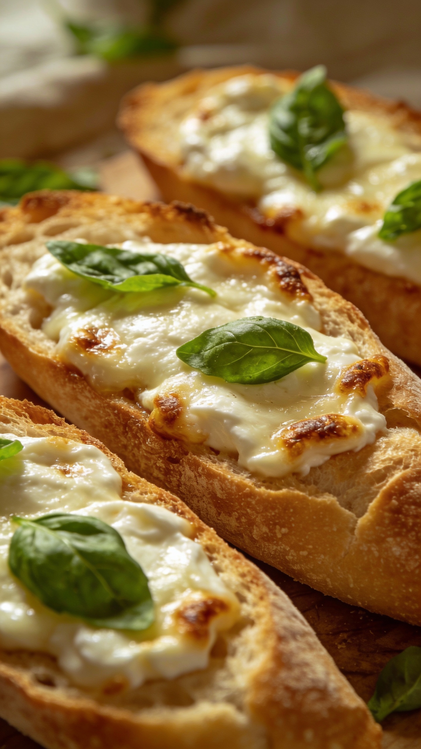 Crispy ciabatta pizza toast, melted cottage cheese, basil leaves