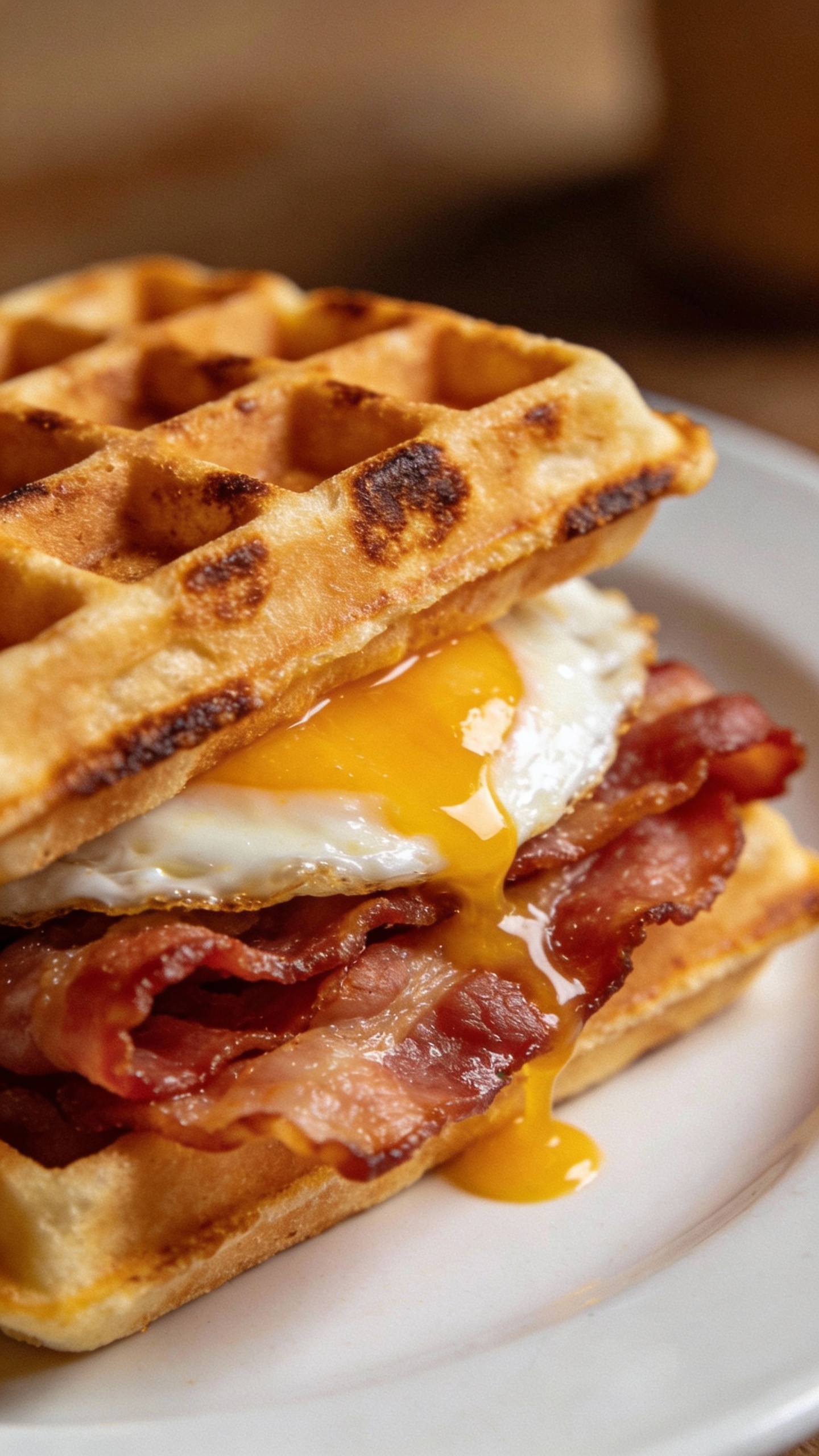 waffle breakfast sandwich with bacon and egg on white plate