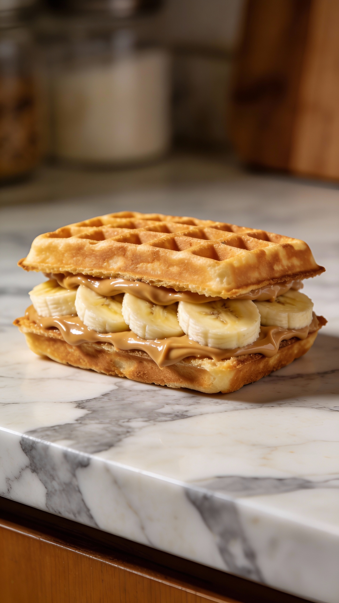 peanut butter banana waffle sandwich on marble countertop