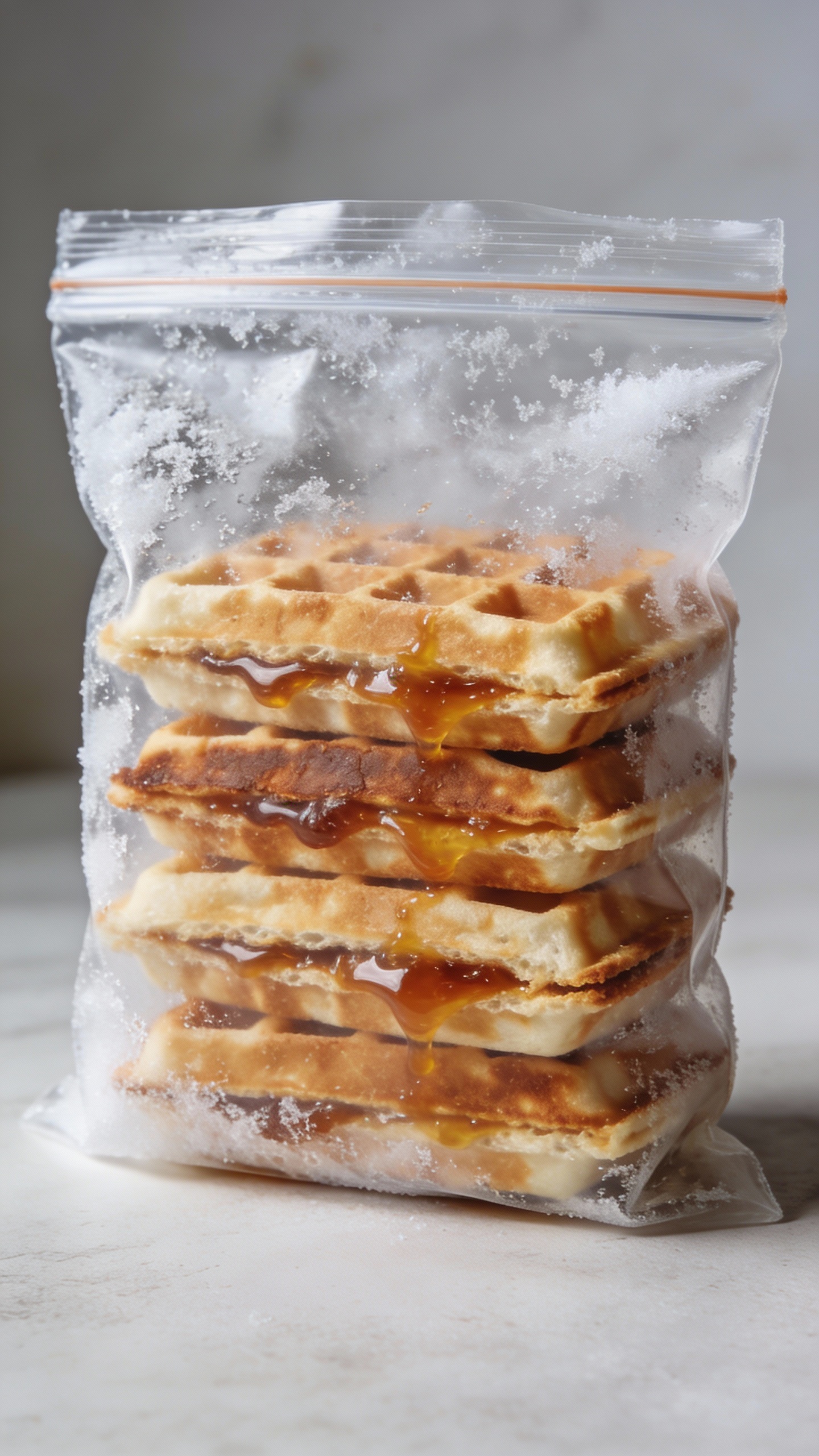 freezer bag of make-ahead waffle sandwiches, labeled and stacked