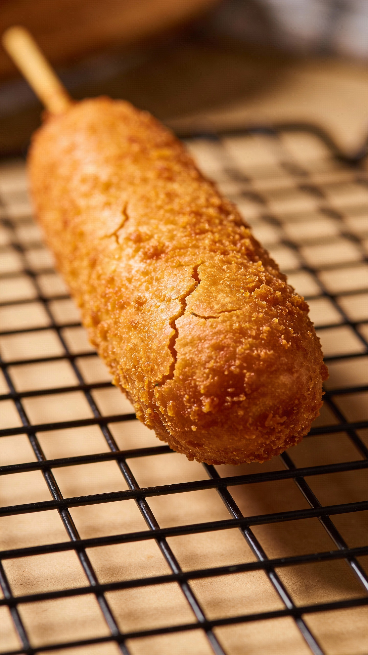 crispy air-fried corn dog on wire rack, golden crust