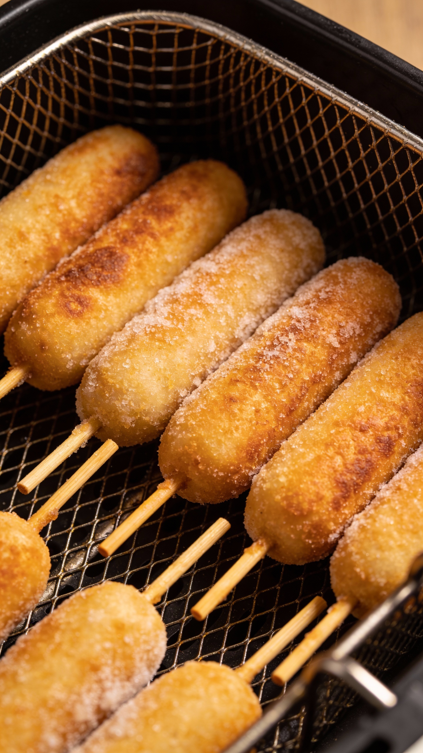 frozen corn dogs in air fryer basket, even browning