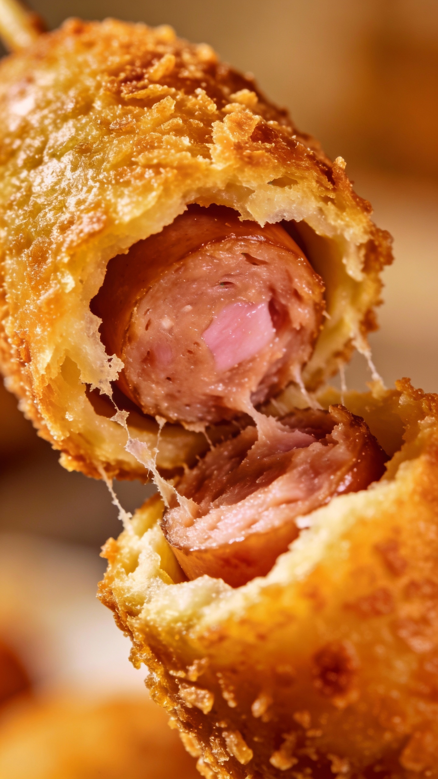 homemade corn dog cross-section, juicy center, shatter-y crust