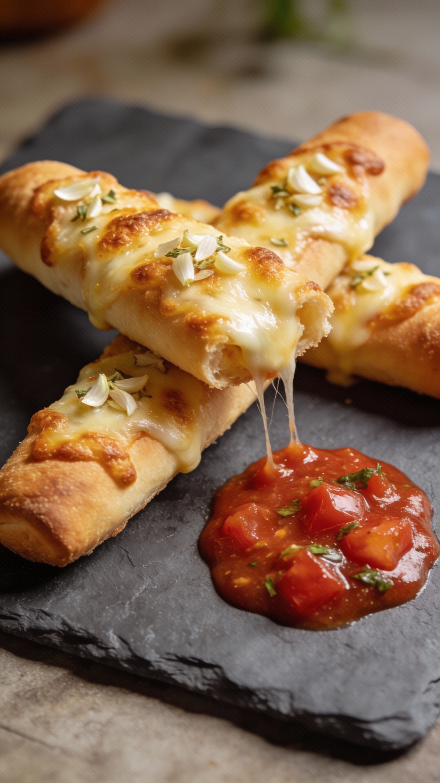 garlic cheese breadsticks with marinara on slate board
