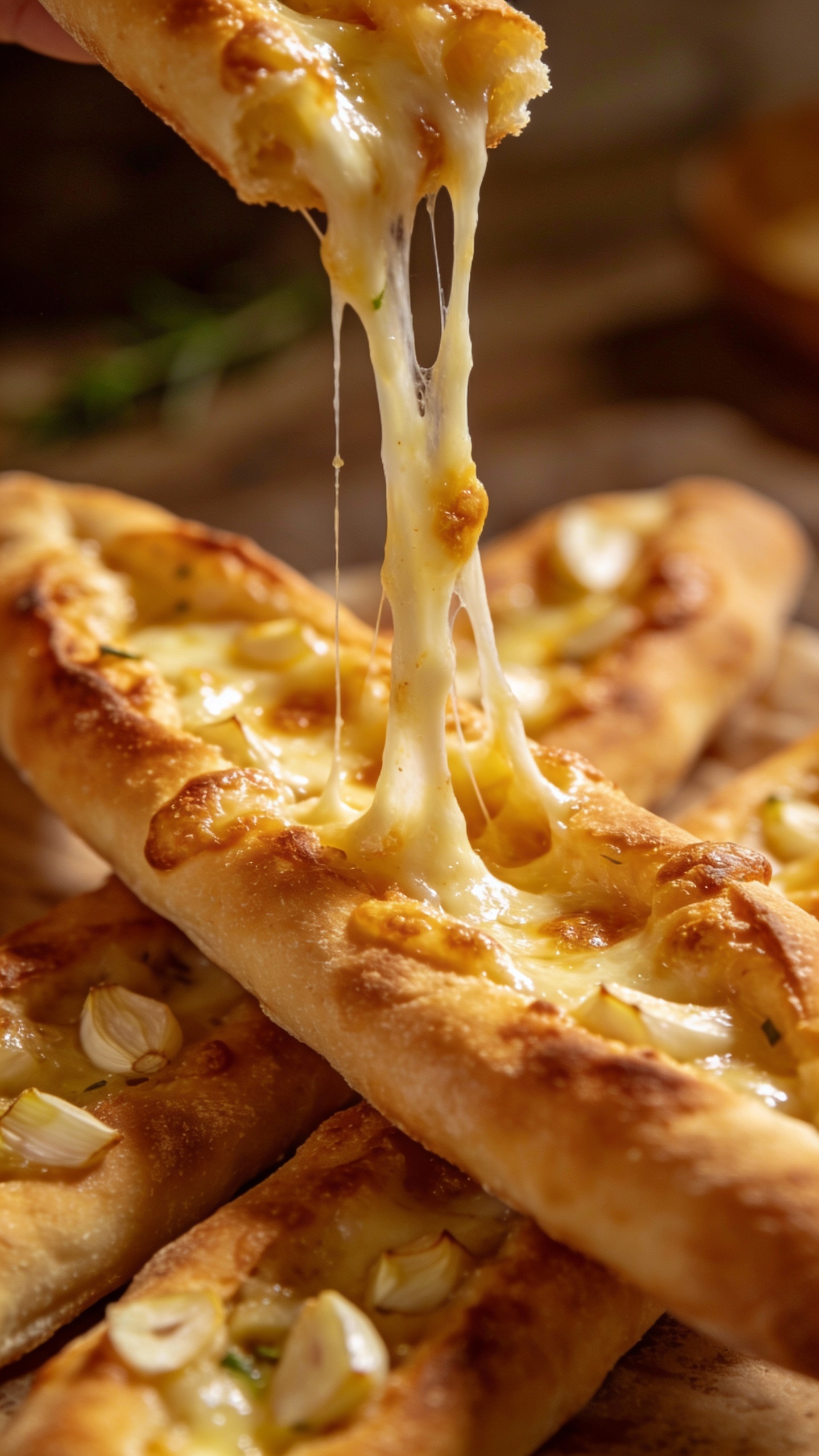 close-up stretchy cheese pull from garlic breadsticks