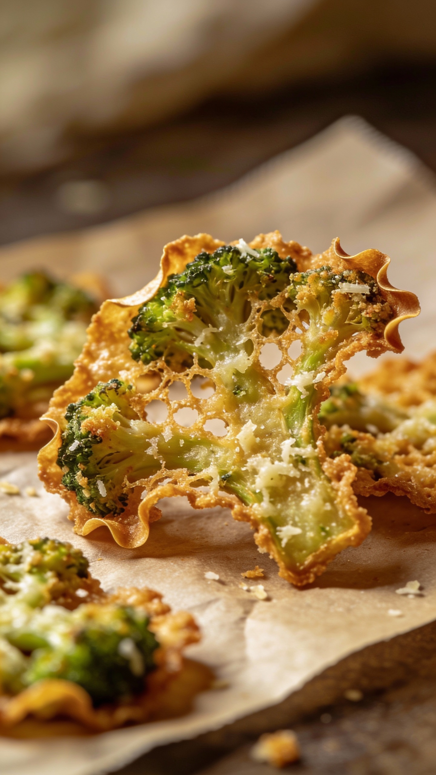 Broccoli parmesan crisps on parchment, golden and lacy