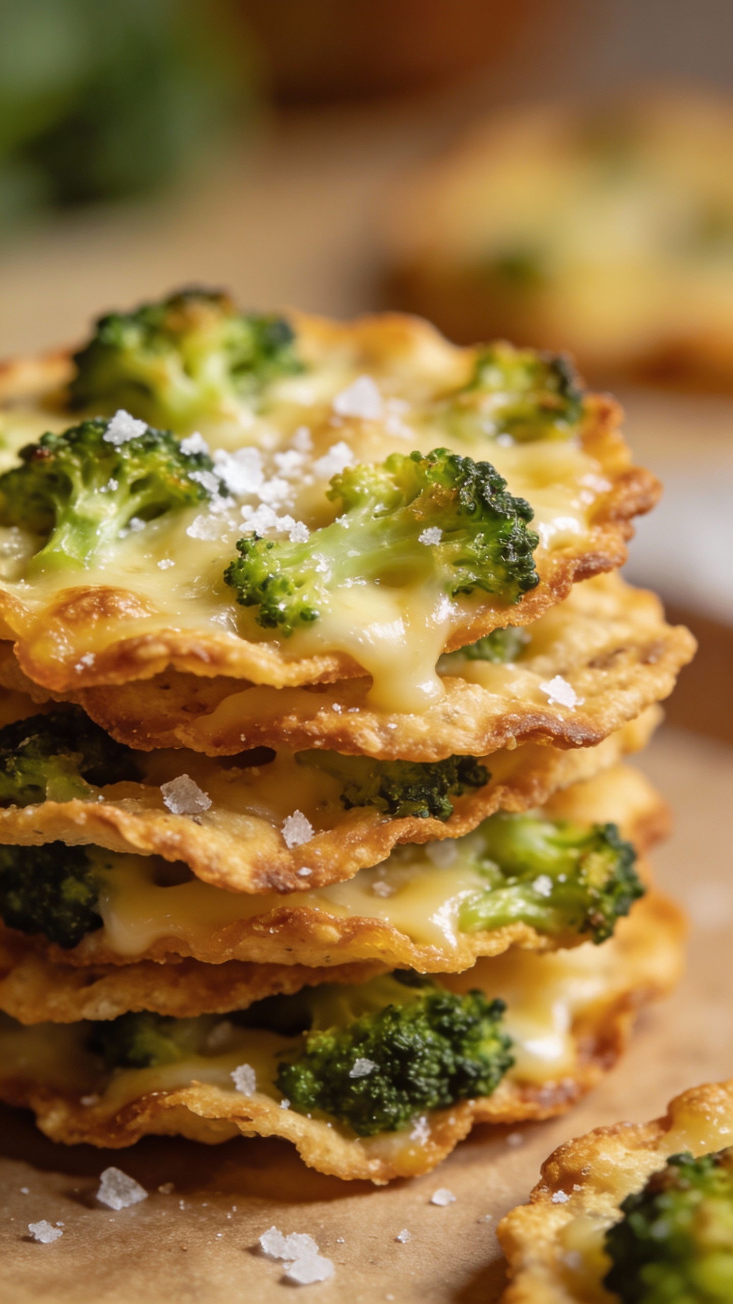 Close-up stack of broccoli cheese crisps, sea salt flakes