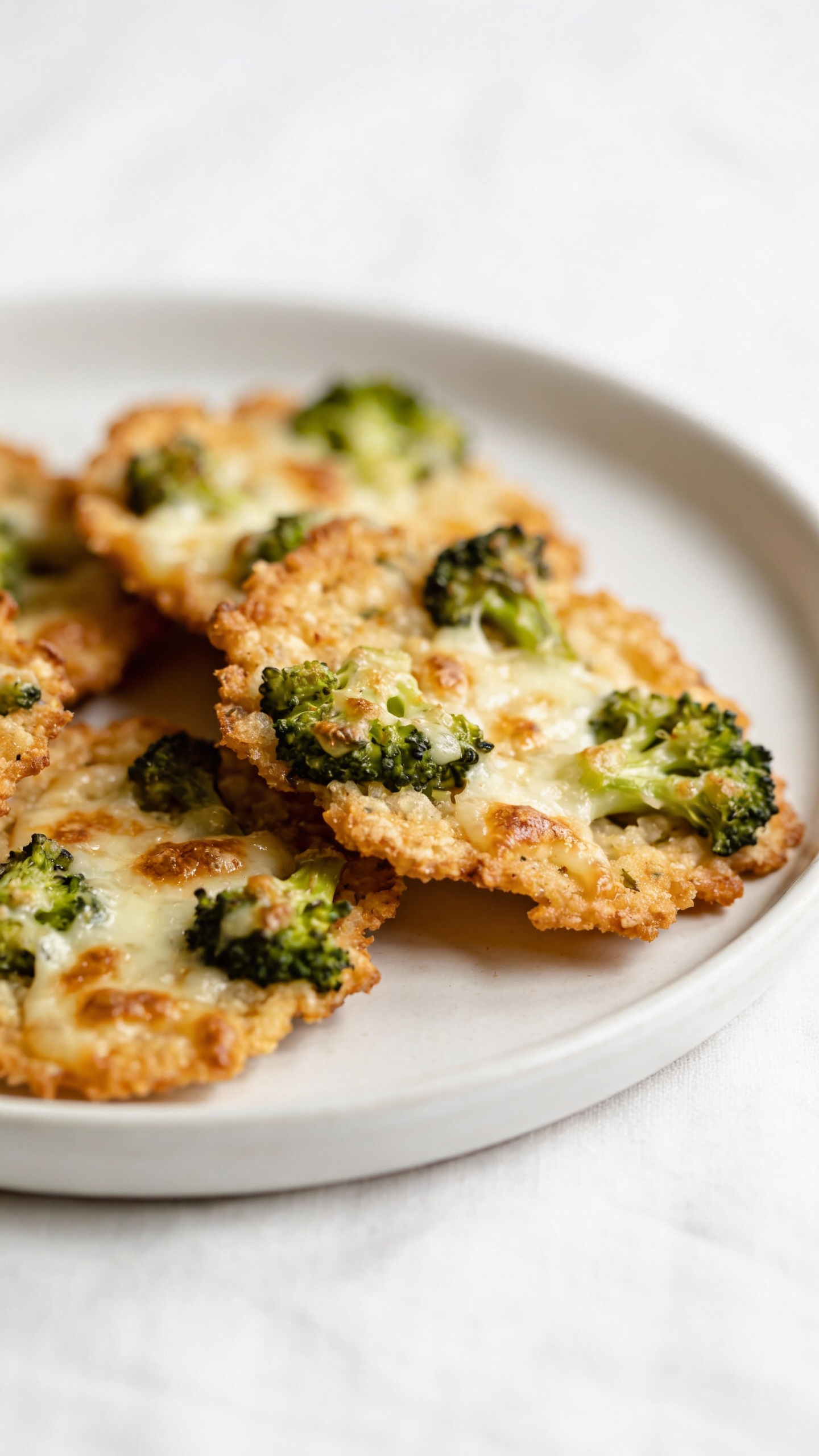 Broccoli parmesan crisps on white plate, minimal styling