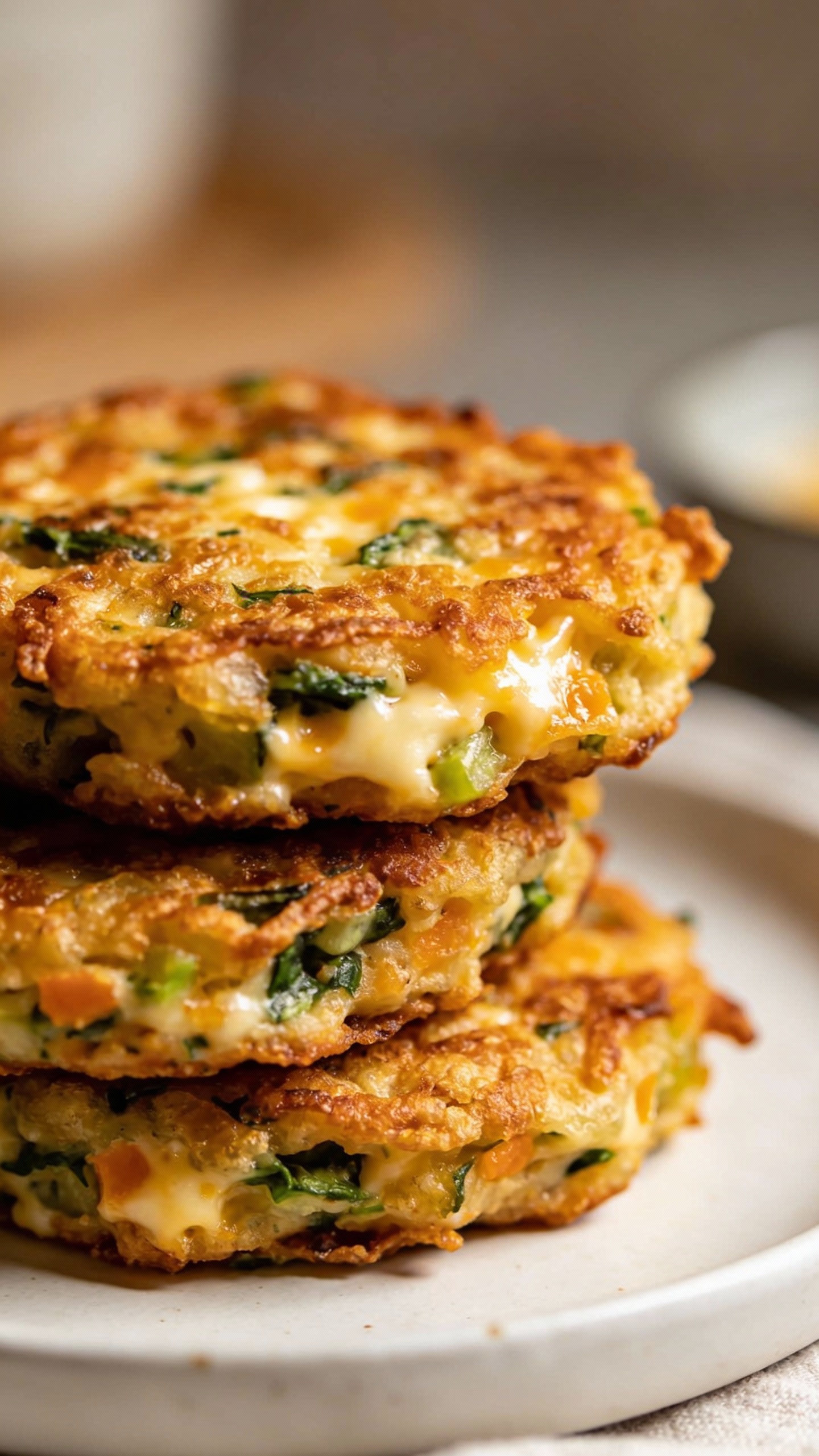 Cheesy veggie fritters stacked on white plate, golden edges