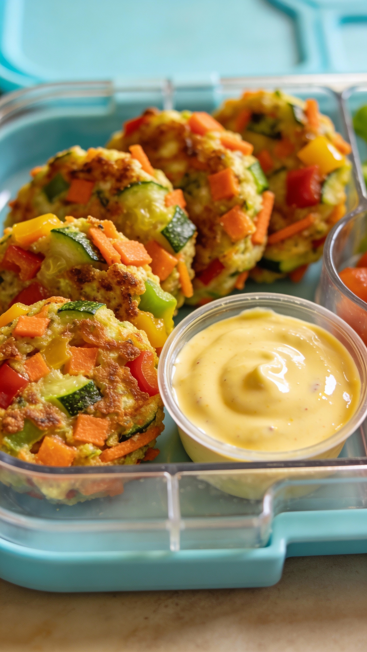 Kid’s lunchbox with cold veggie fritters and dipping sauce