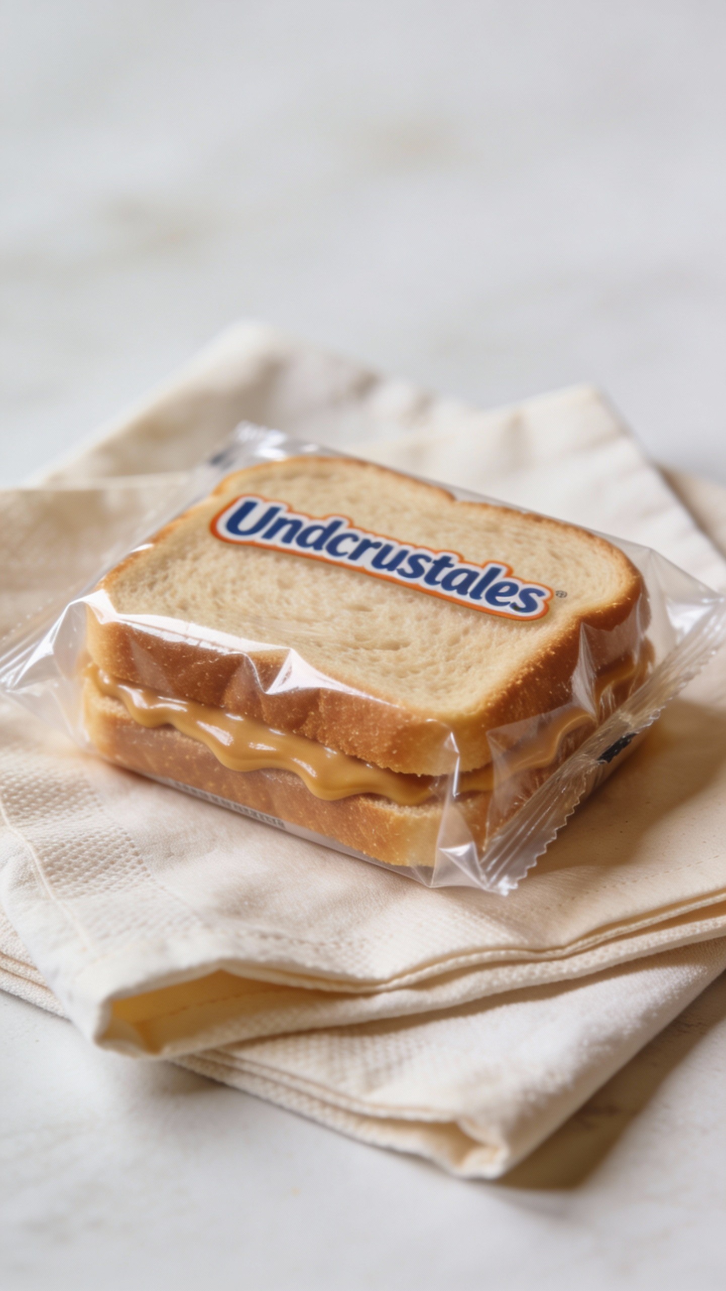 sealed Uncrustables-style peanut butter sandwich on lunchbox napkin
