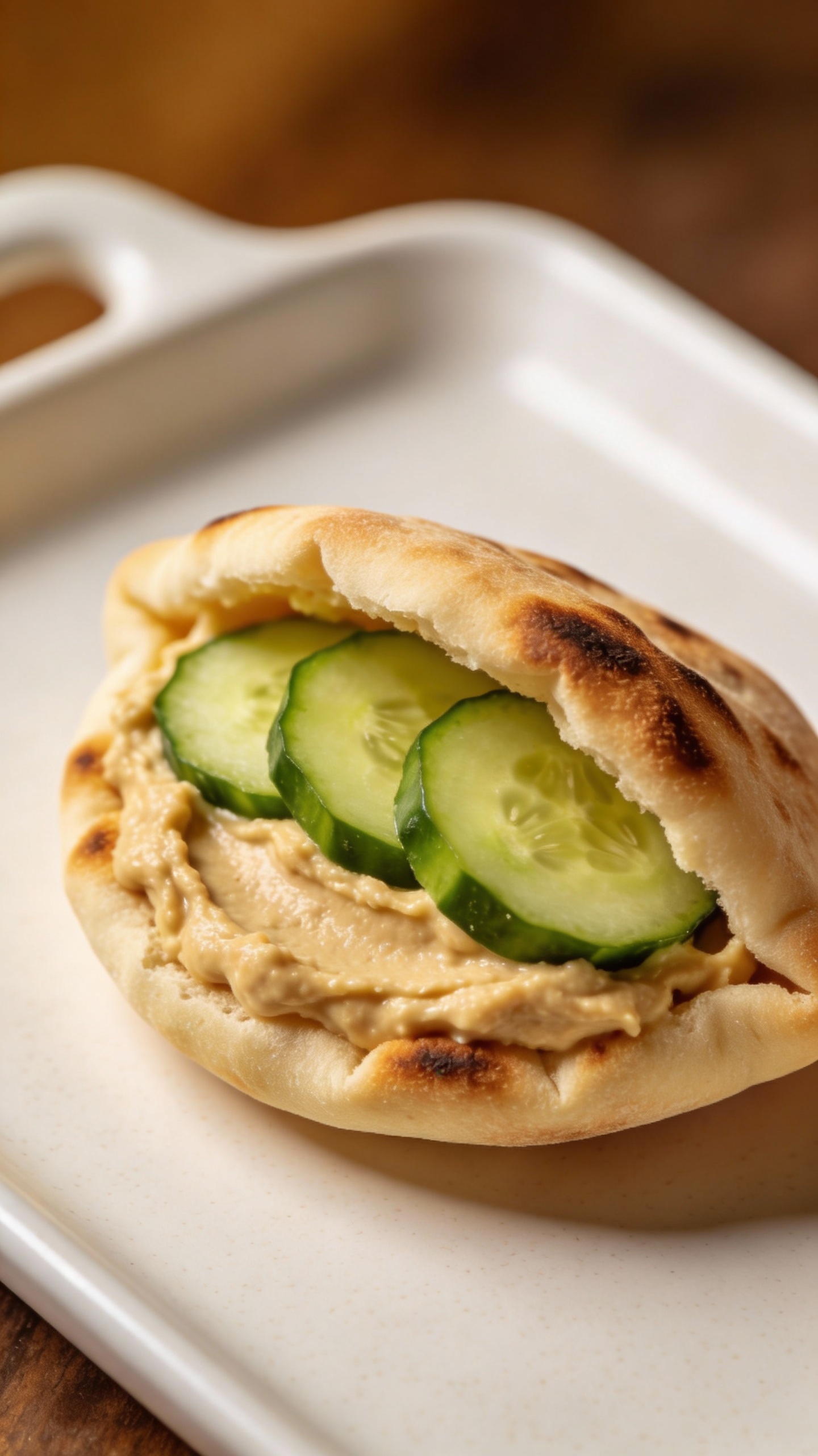 kid-sized pita pocket with hummus and cucumbers on tray