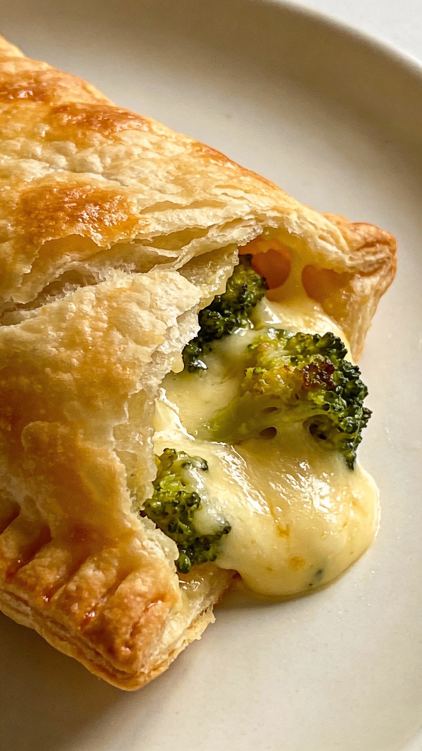 flaky hand pie pocket with cheese and broccoli on white plate