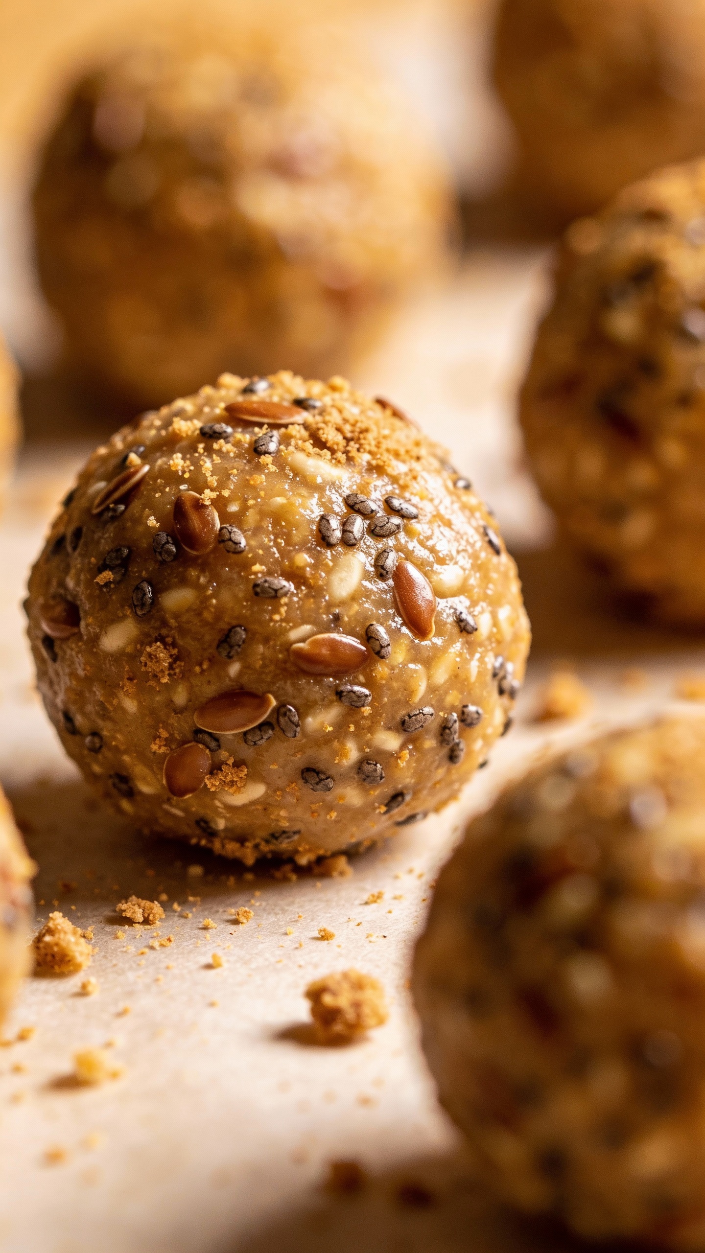 Kid-sized snack balls with chia and flax, close-up