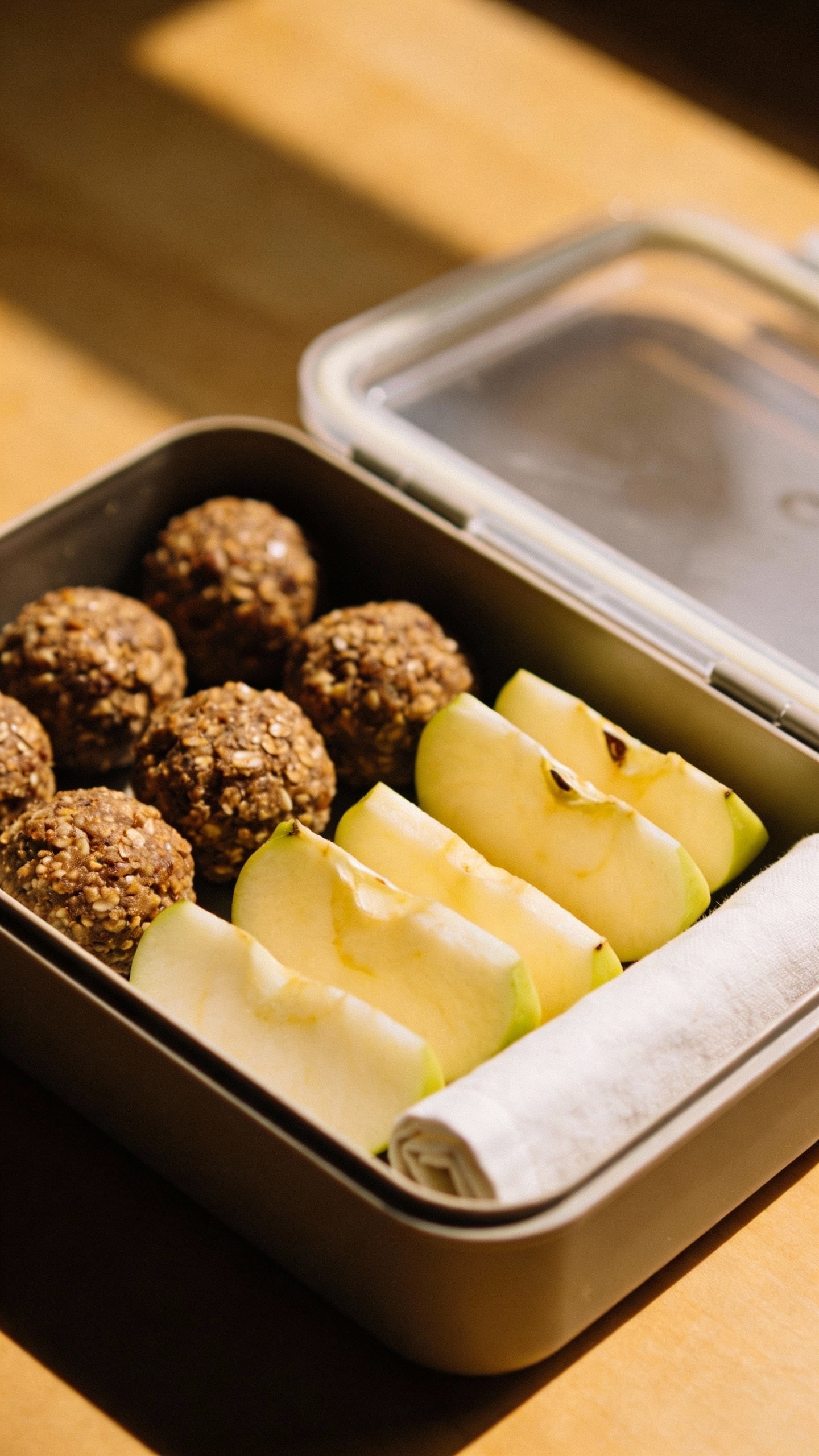 Lunchbox with energy bites, apple slices, and napkin