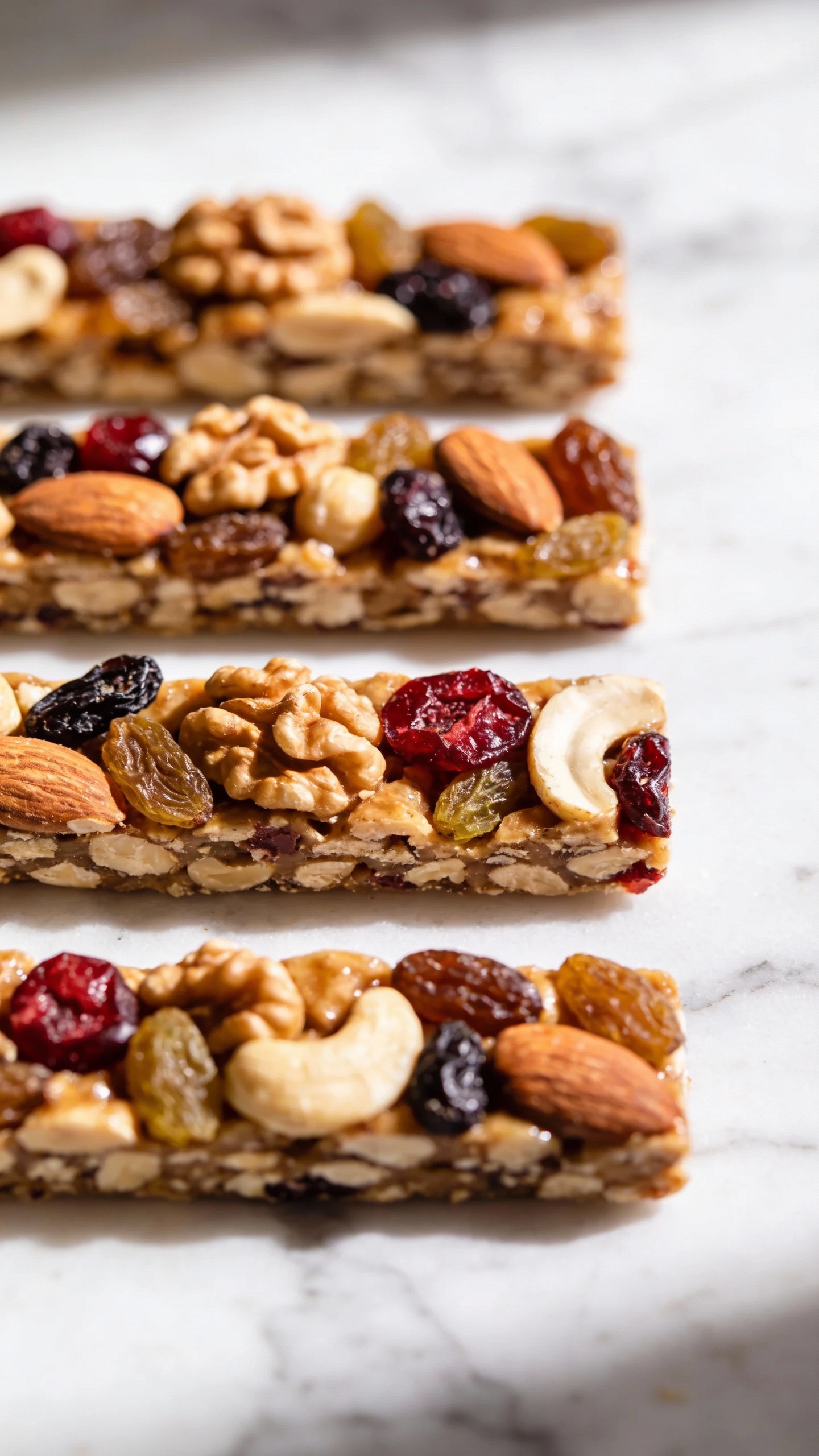 fruit and nut snack bars on white marble background