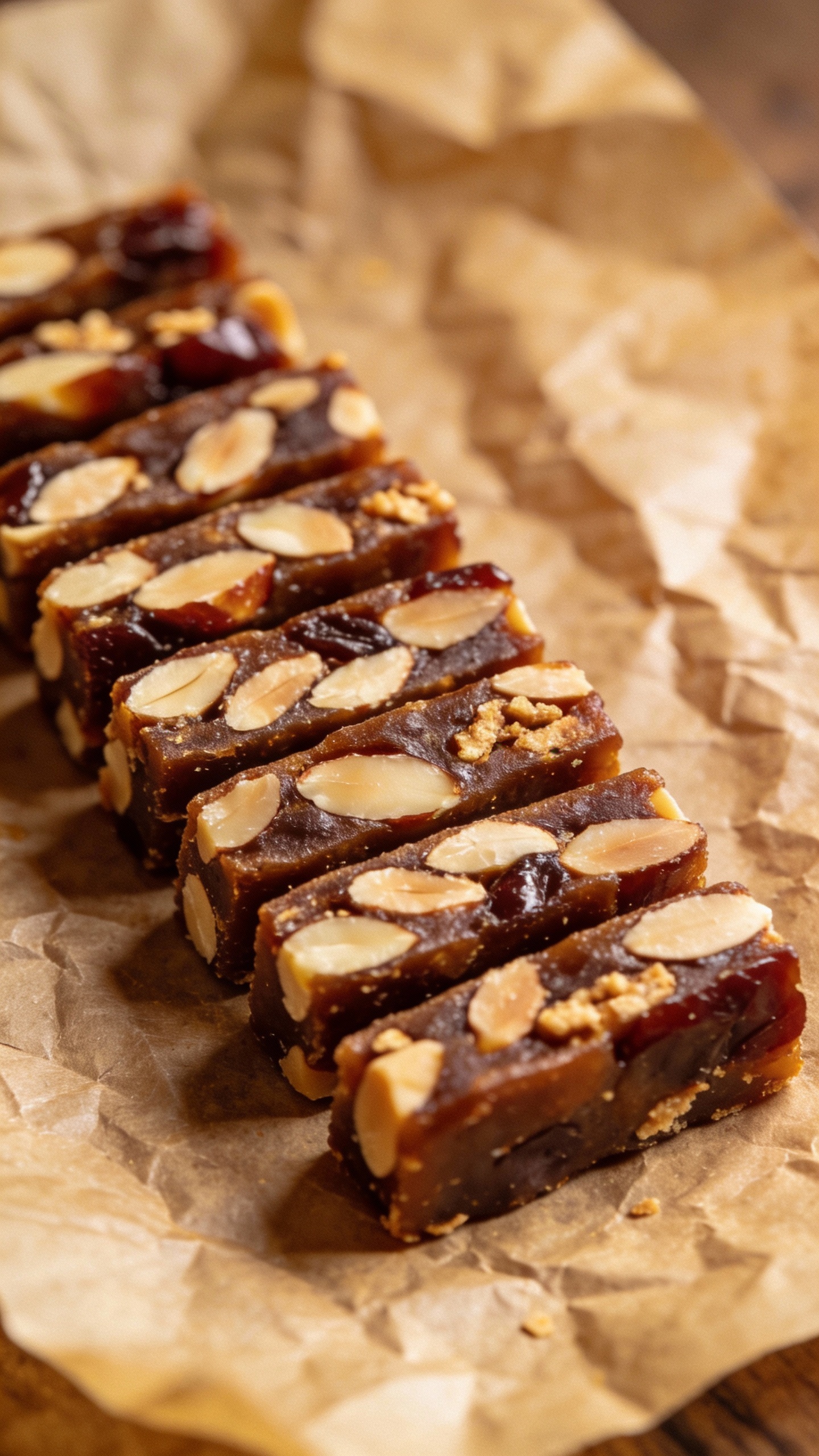 sliced almond date bars on parchment paper, top-down