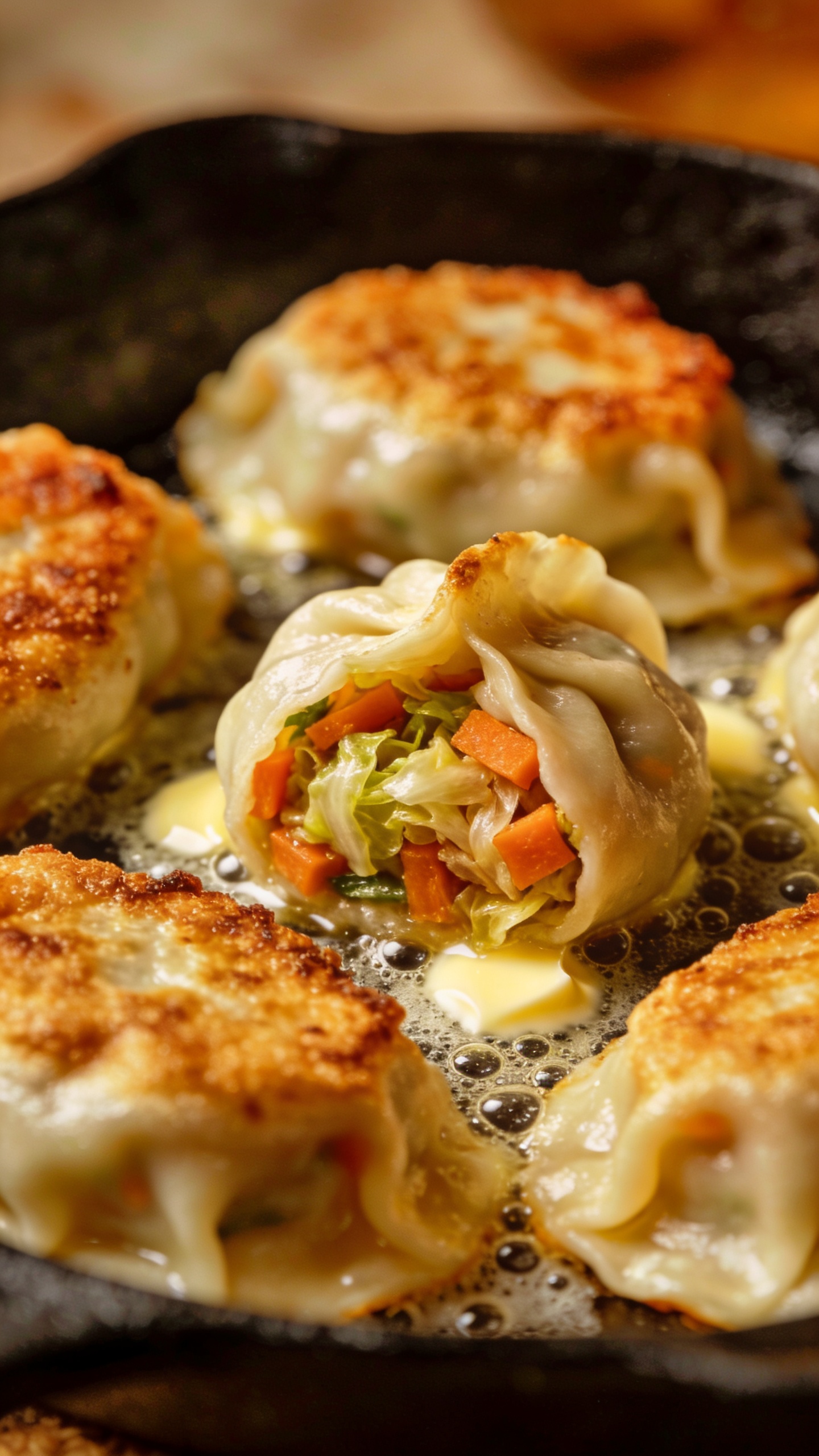 crispy-bottom vegetable dumplings in garlic butter skillet