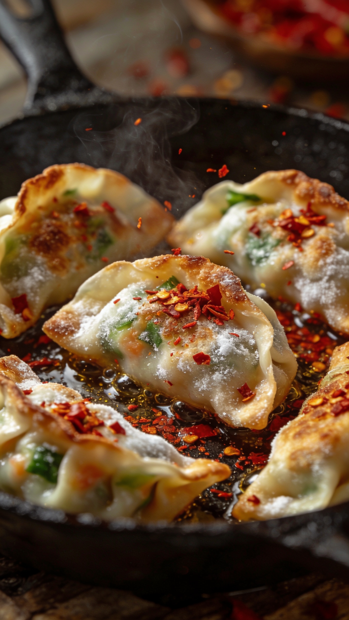 frozen vegetable dumplings searing in cast-iron with chili flakes