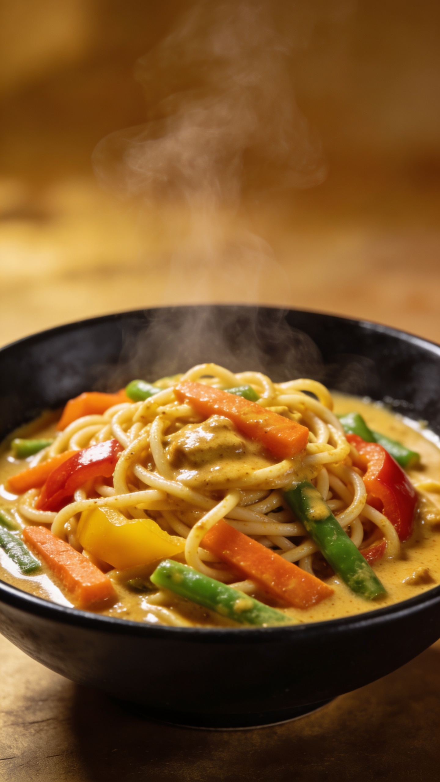coconut curry vegetable noodles in black bowl, steam rising
