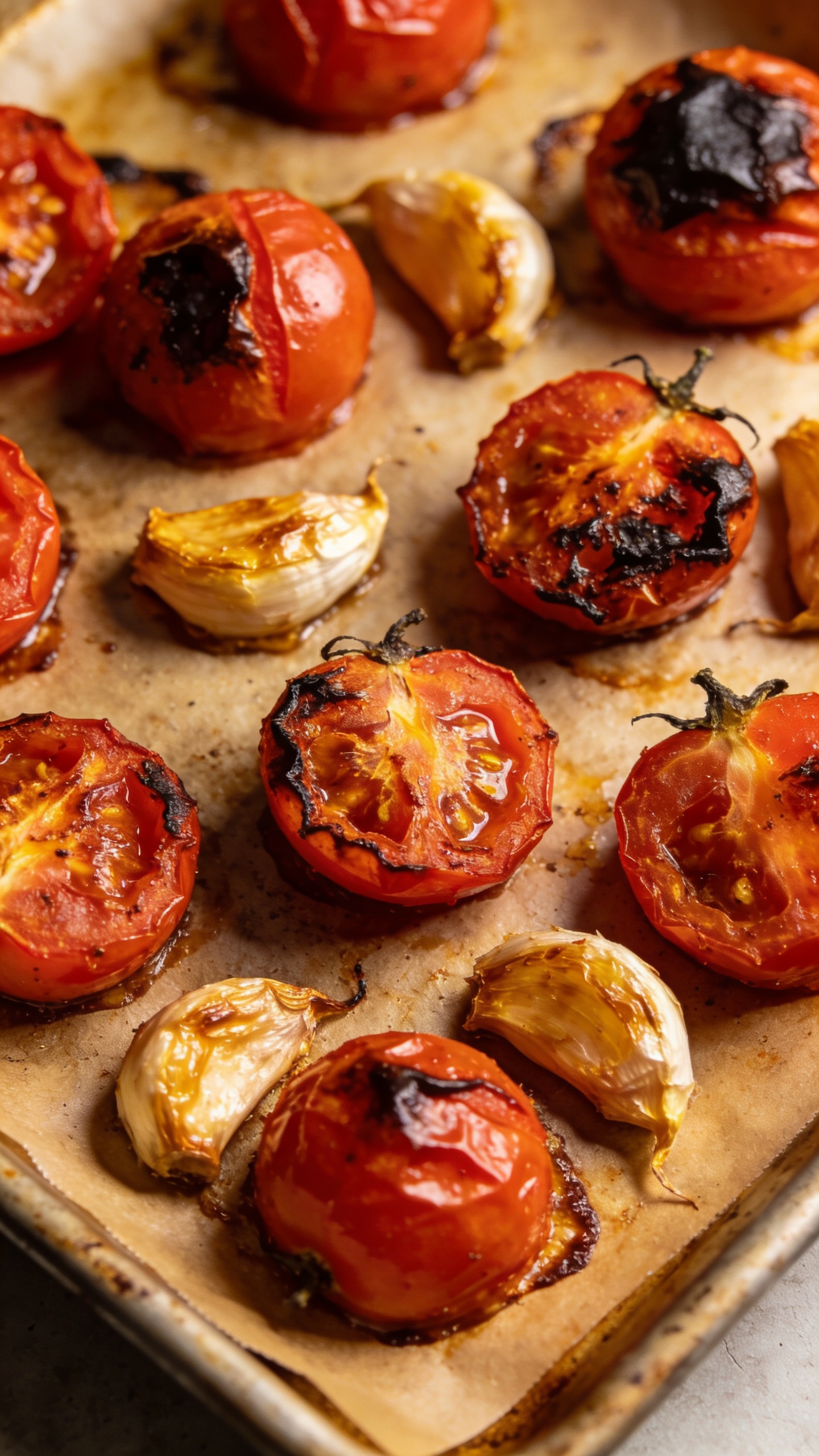 roasted tomatoes and garlic on sheet pan, caramelized, overhead