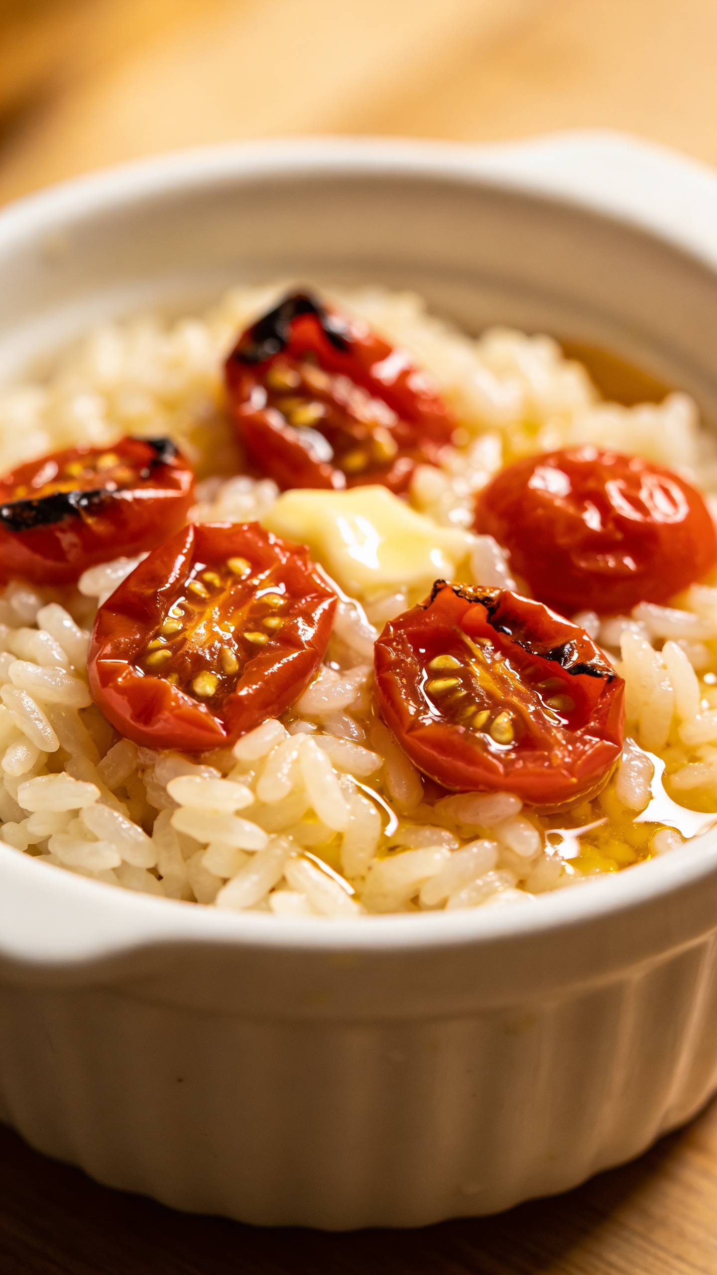 garlic butter rice in bowl with jammy tomatoes, close-up