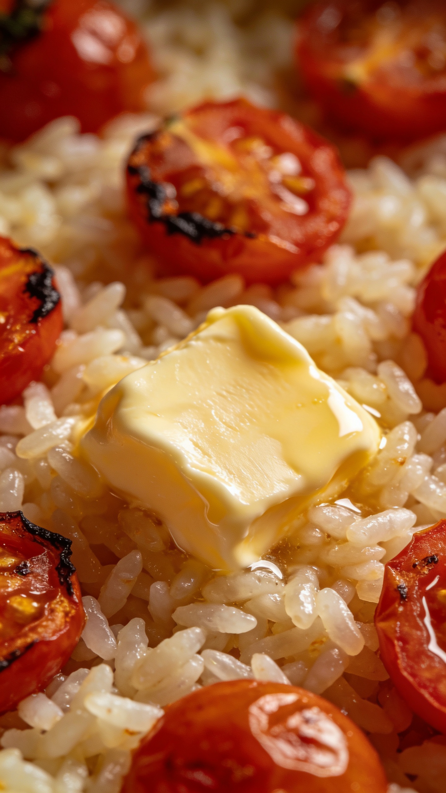 melting butter folded into rice with roasted tomatoes, macro