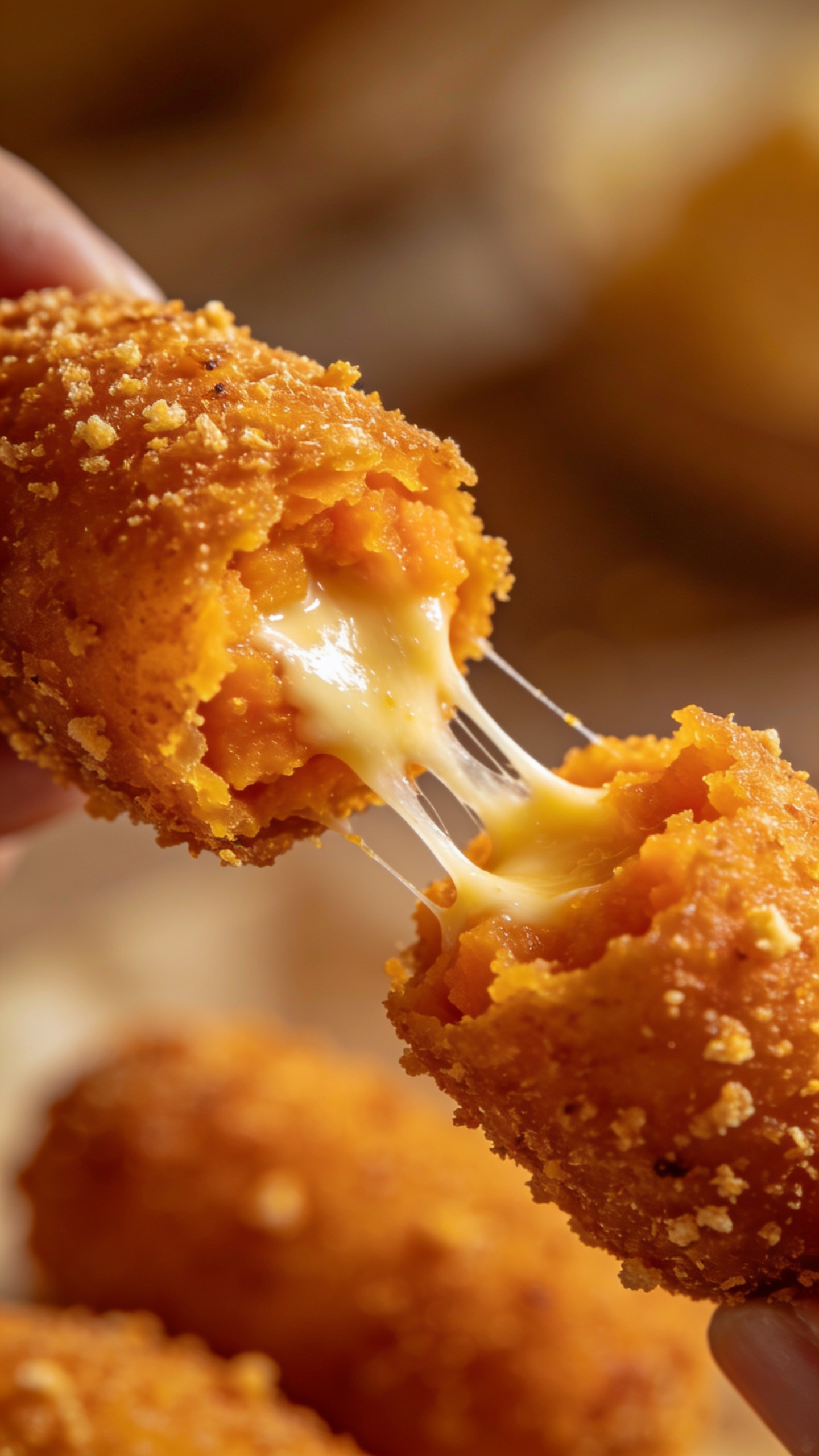 golden crispy sweet potato croquettes with cheese pull close-up