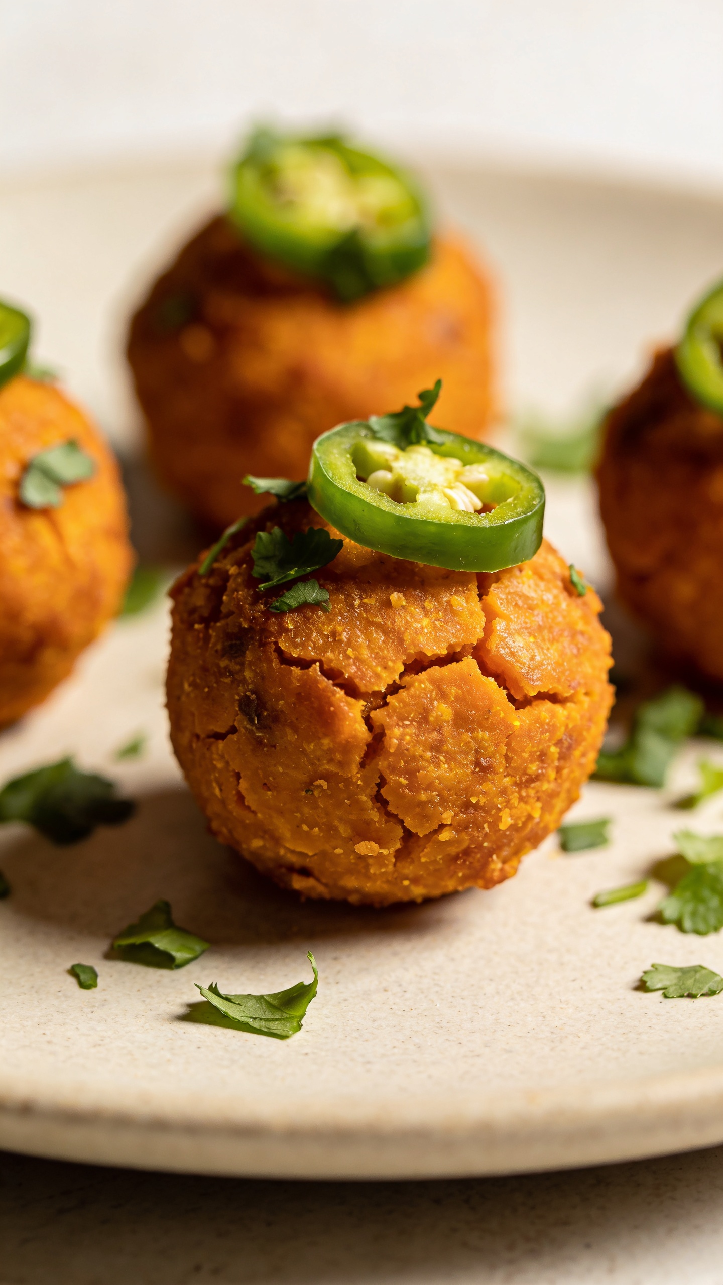 sweet potato croquettes with jalapeño and cilantro garnish, studio lighting