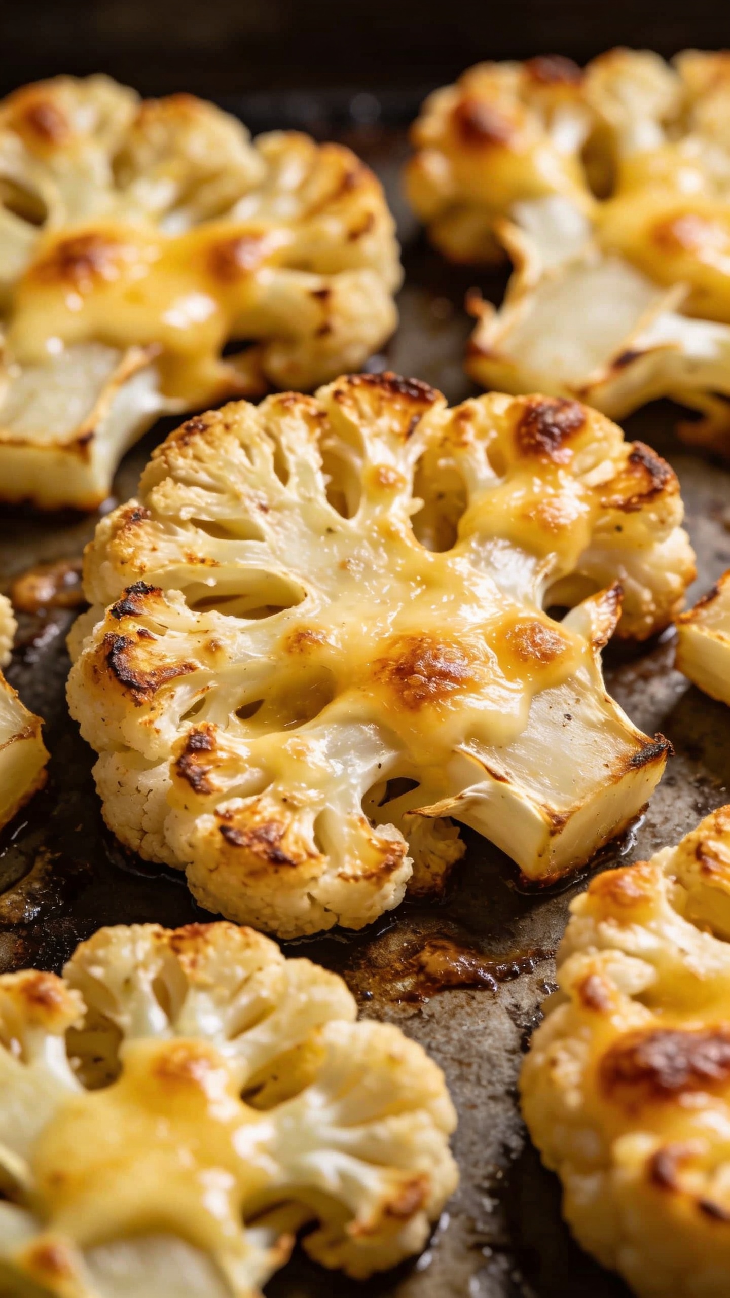 roasted cauliflower steaks with bubbling golden cheese, close-up