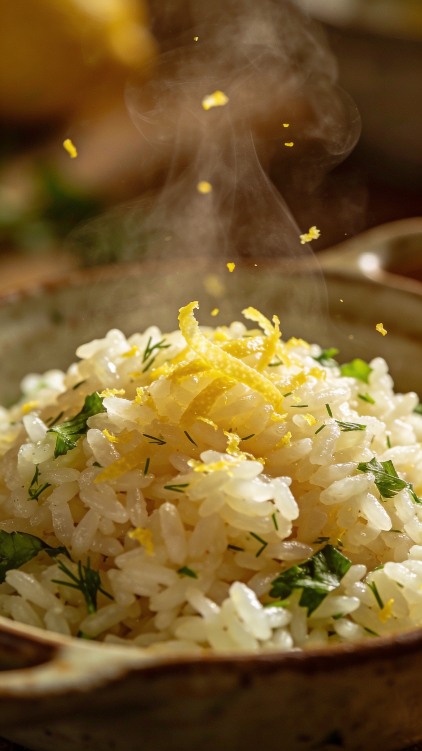 steaming herbed rice with lemon zest, close-up