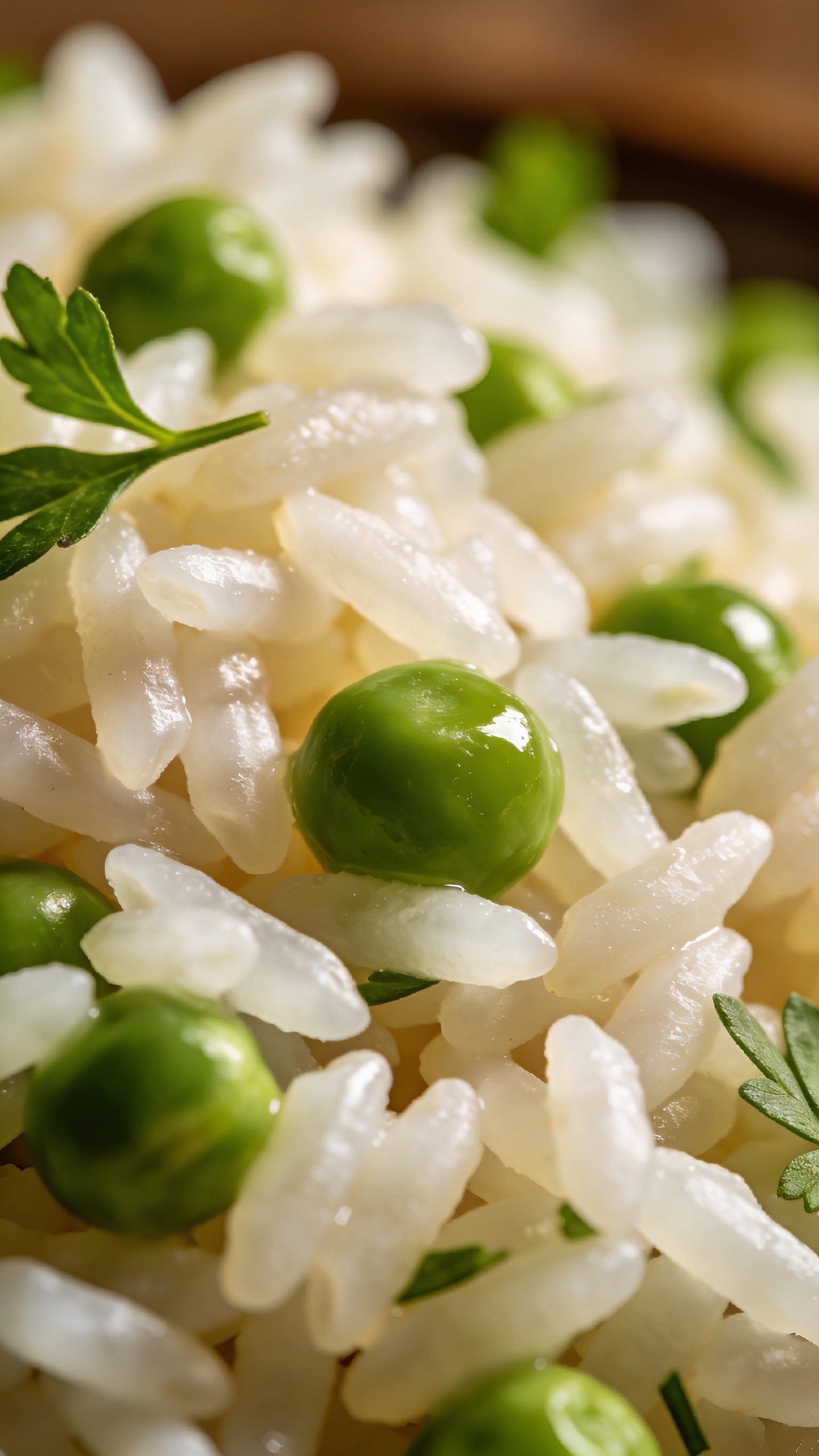 fluffy rice with green peas and fresh herbs, macro