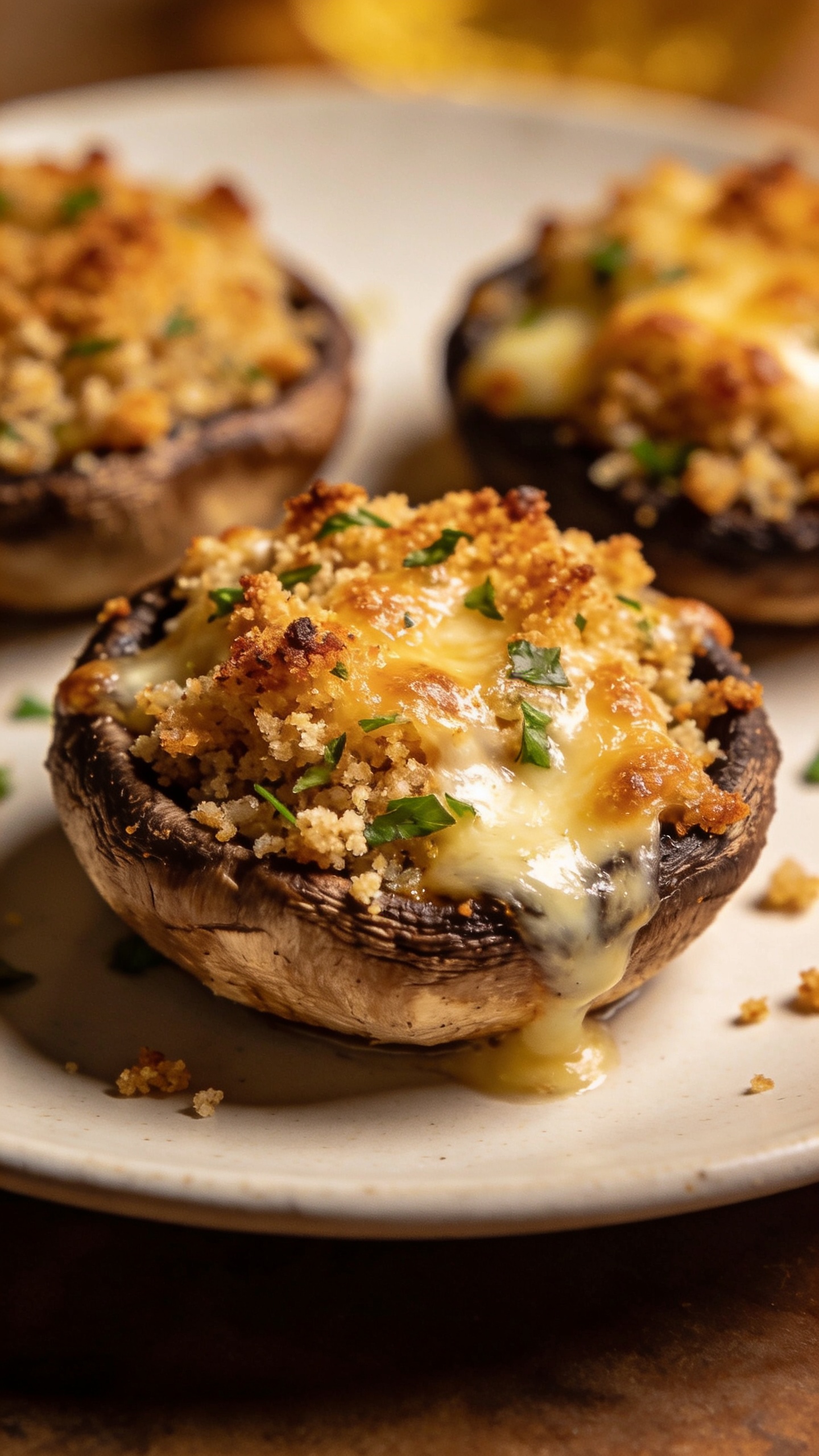 Baked stuffed portobello caps on white plate