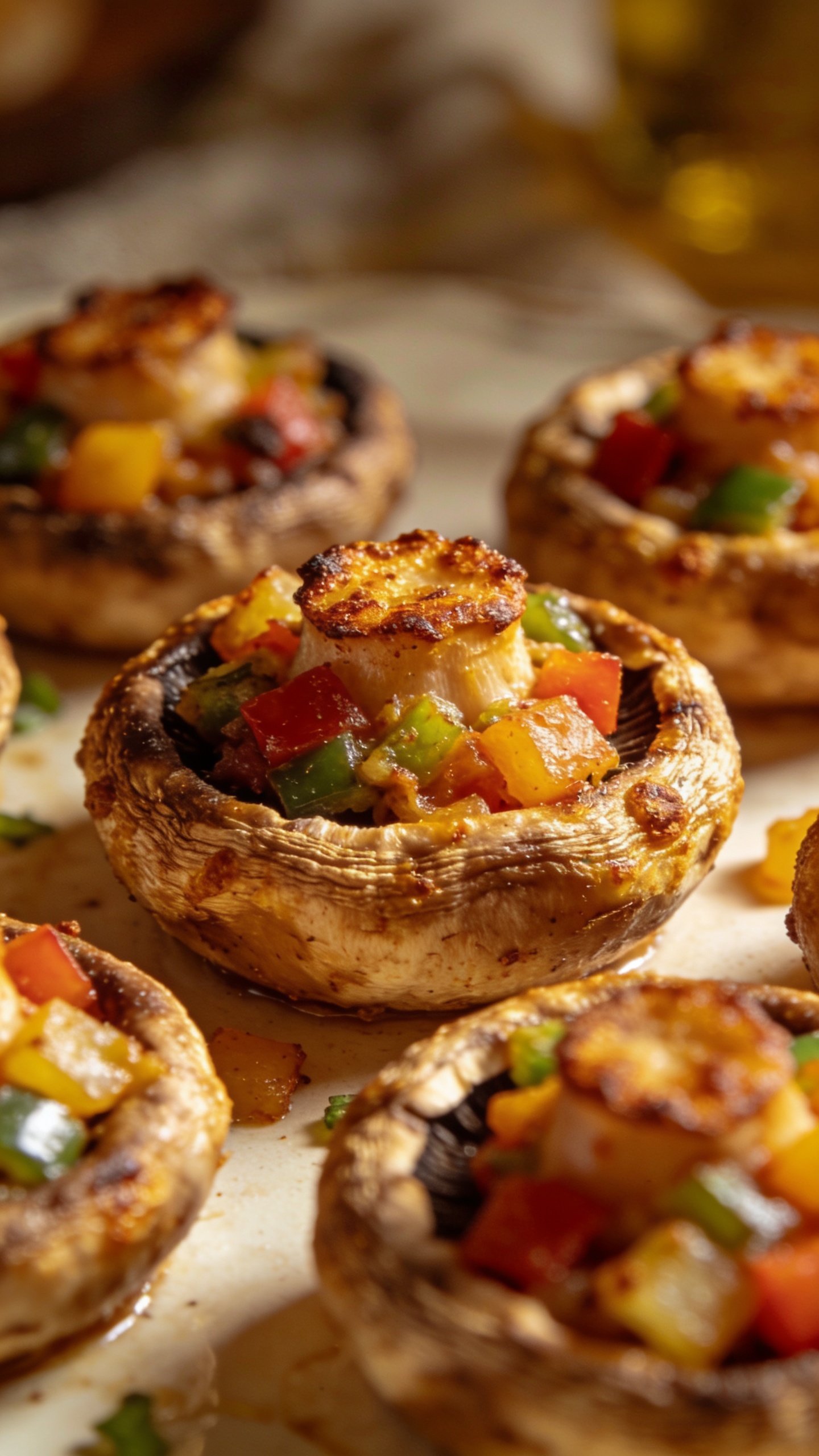 Close-up, golden-baked portobellos with veggie filling