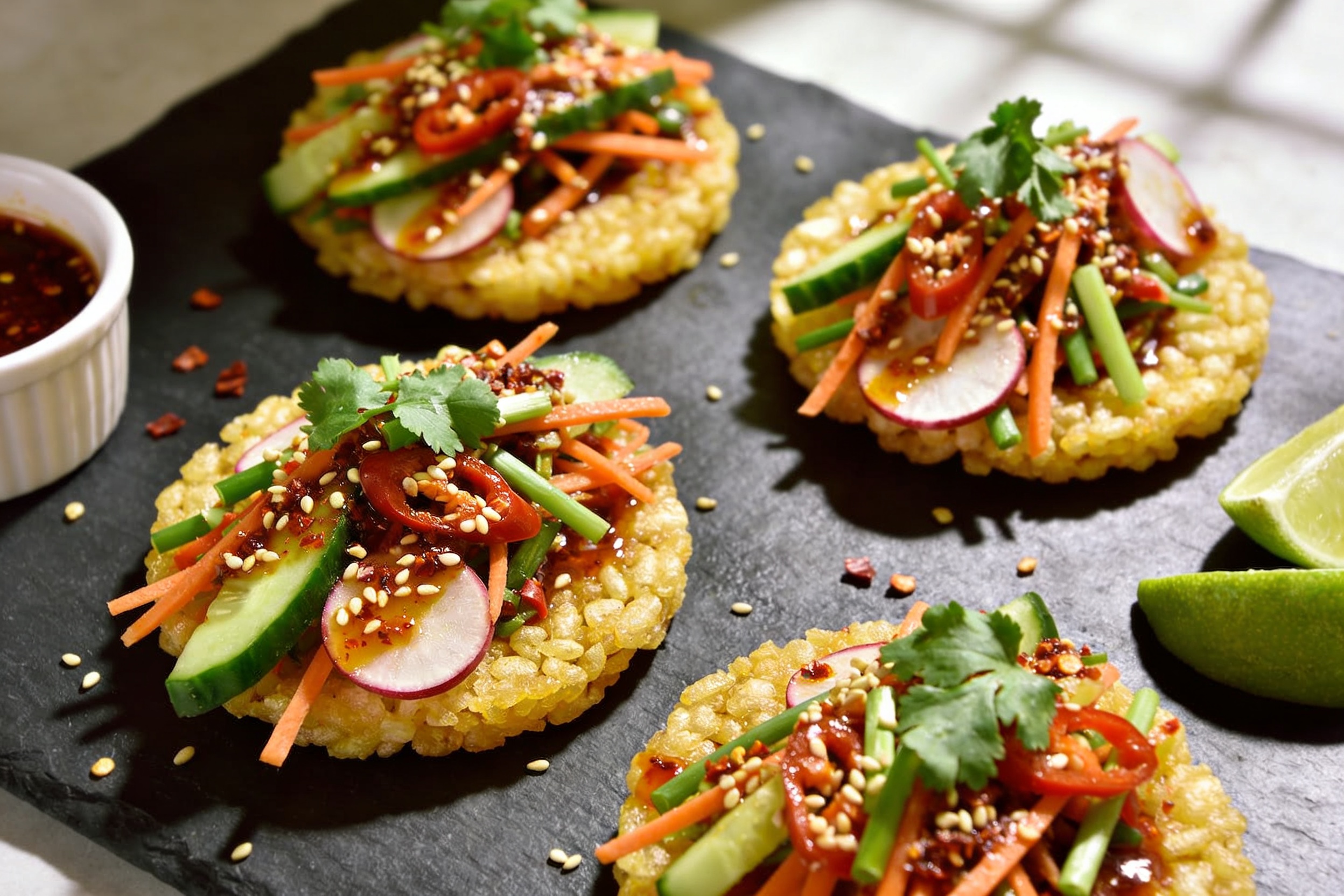 Viral Crunch: Crispy Rice Cakes with Spicy Veggie Topping