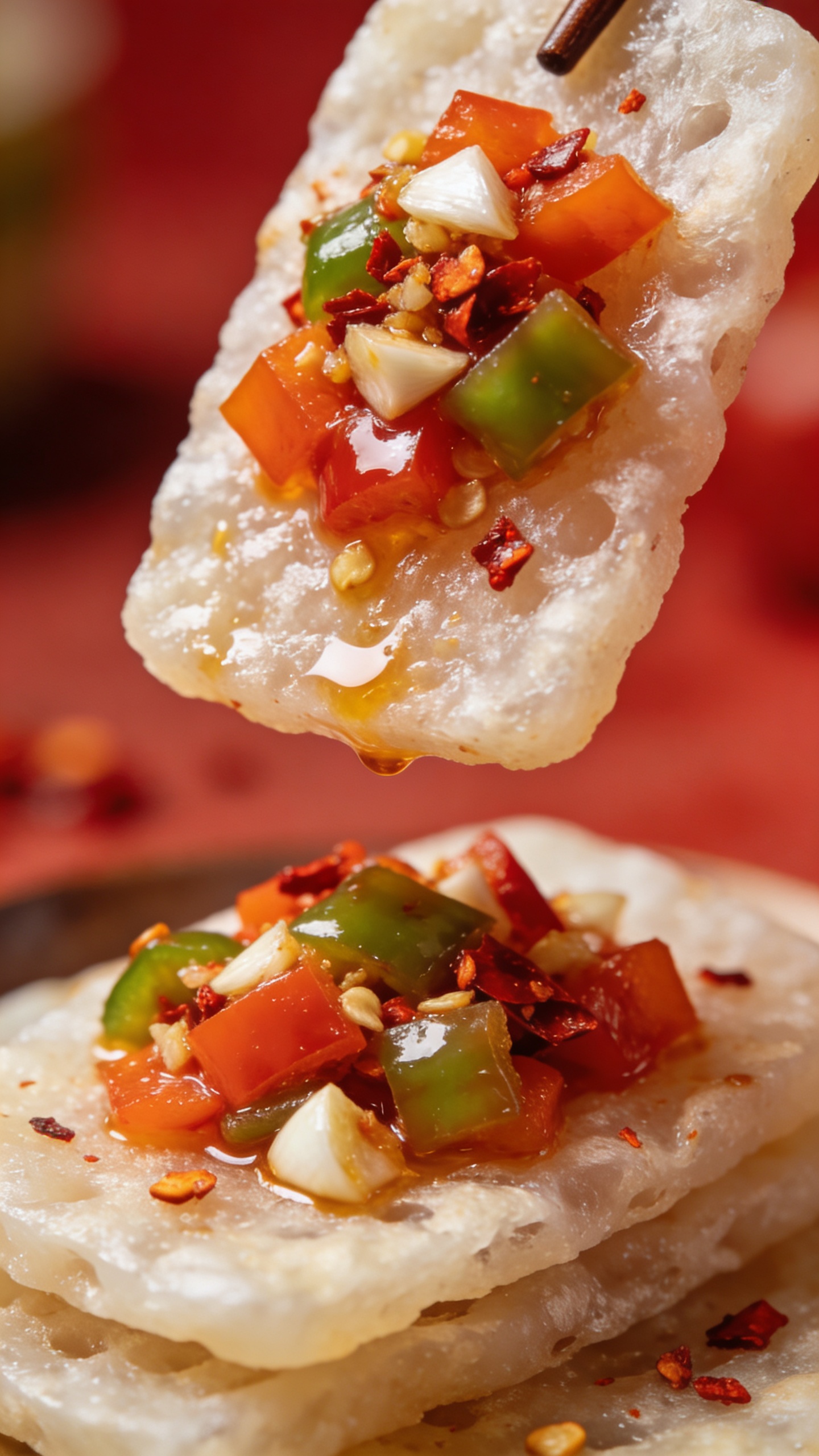 gluten-free rice cakes topped with chili-garlic veggies, close-up