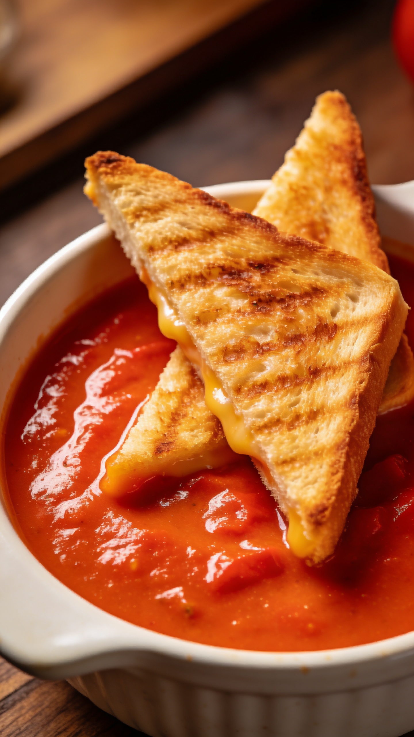 roasted red pepper soup with grilled cheese triangles, close-up