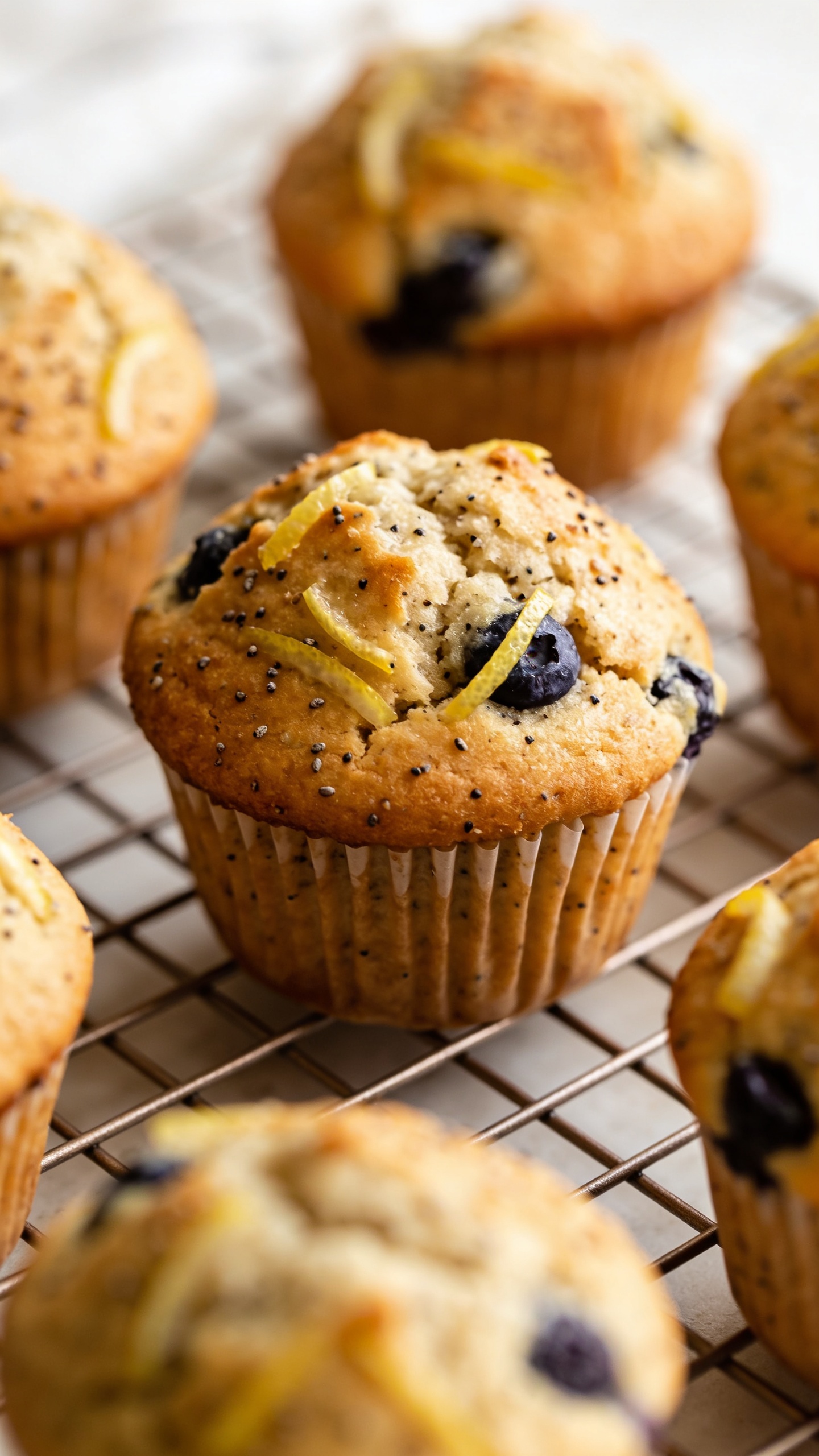 Lemon blueberry poppyseed muffins with domed tops on cooling rack