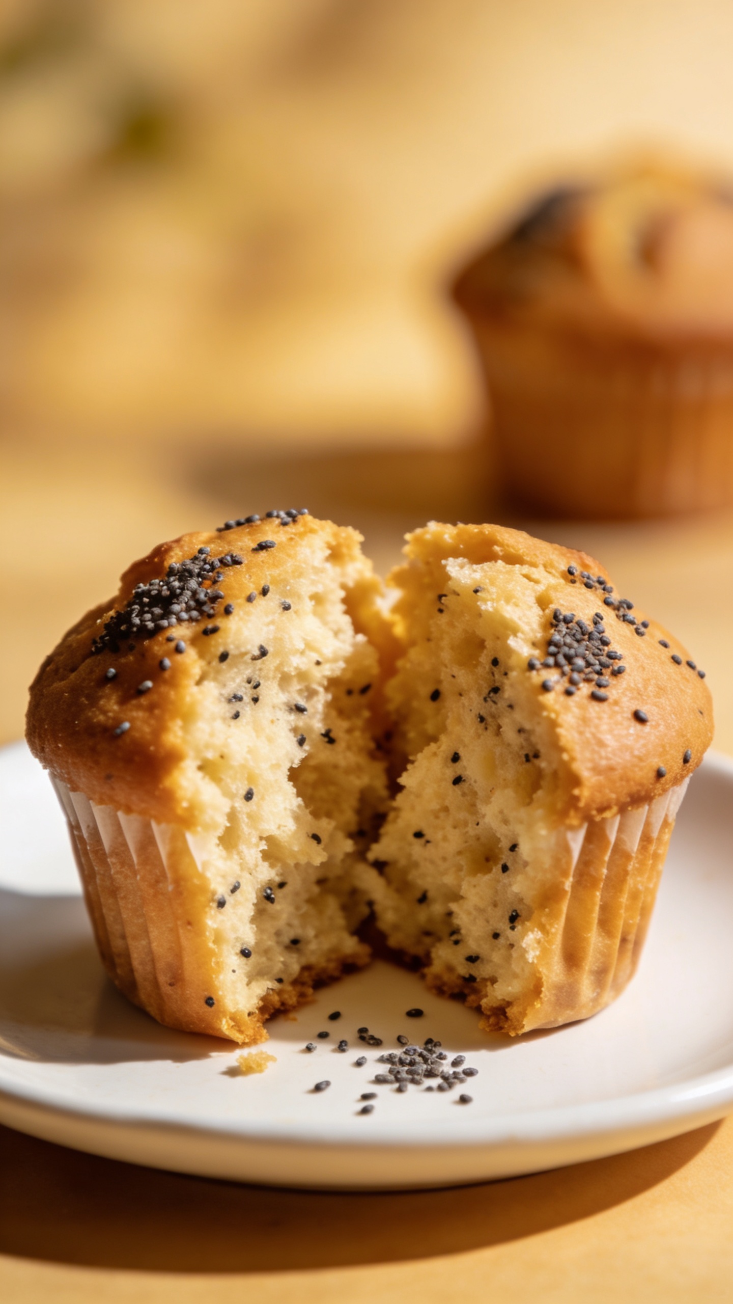 Split muffin showing tender crumb and poppyseeds on white plate