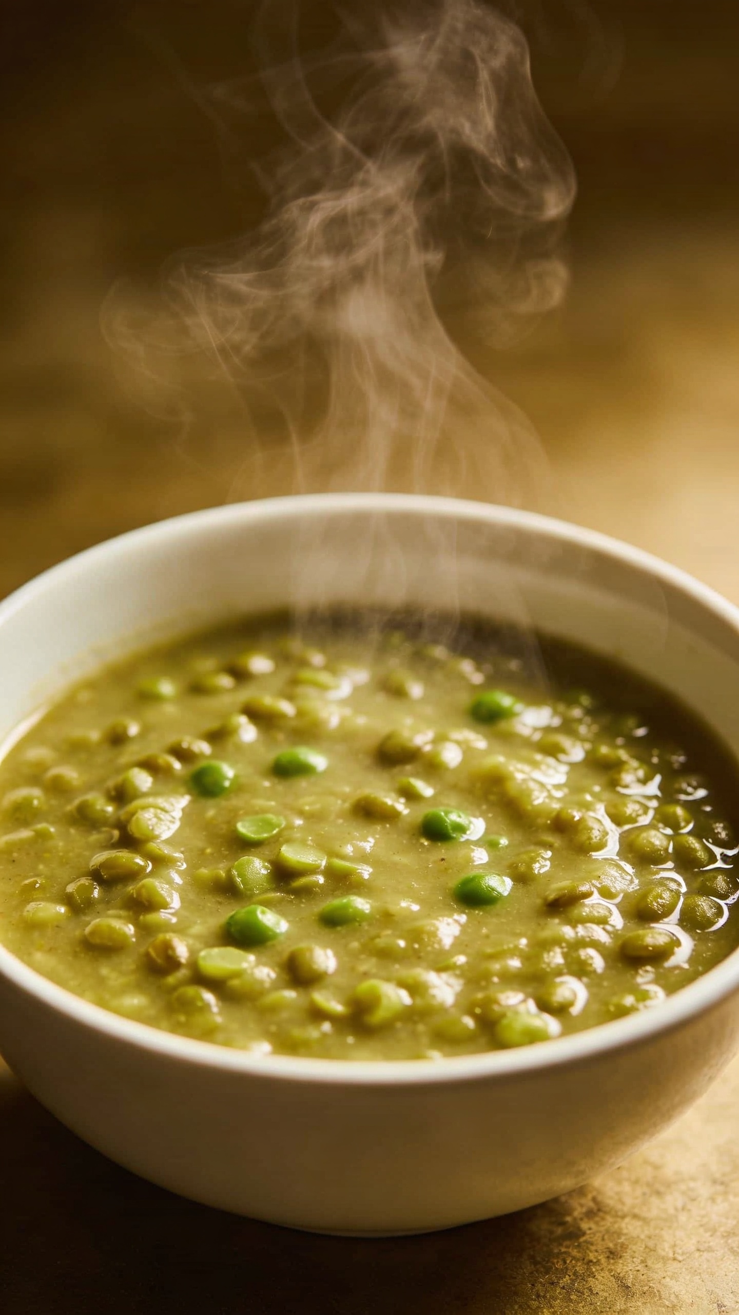 steaming green split pea soup in white bowl, overhead