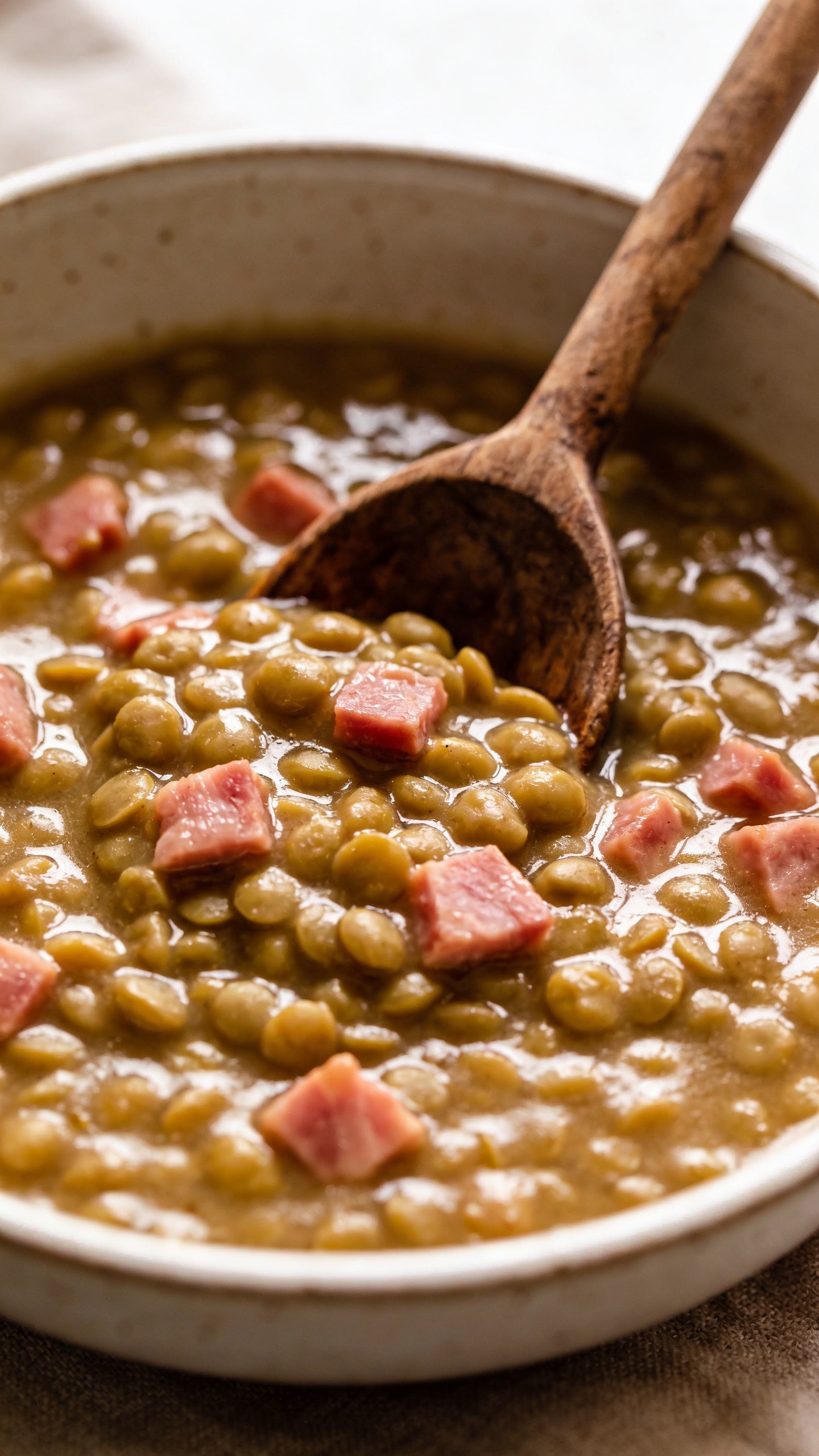 split pea soup with ham chunks, rustic spoon, close-up