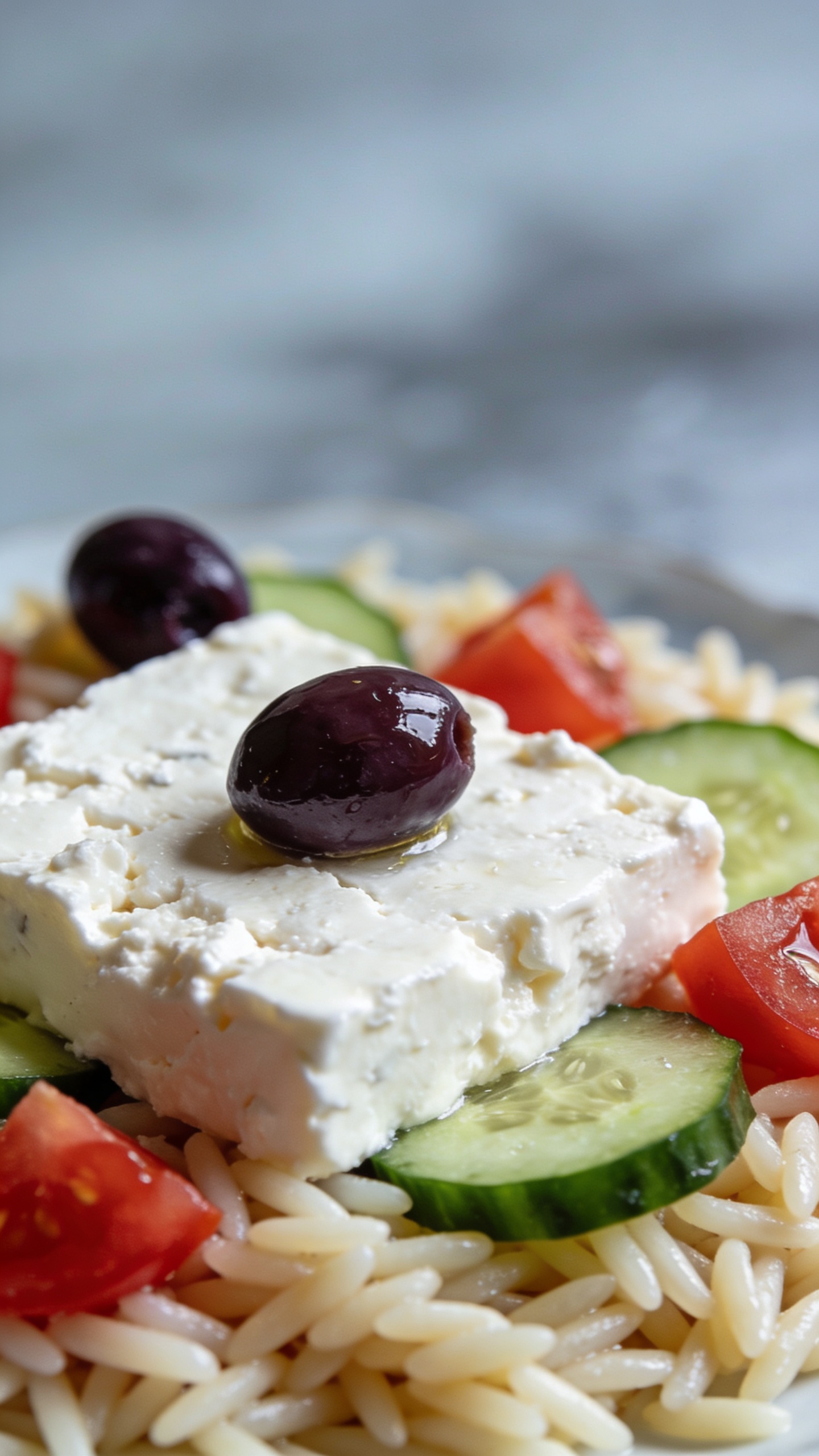 Close-up feta, olives, cucumber, tomato on chilled orzo