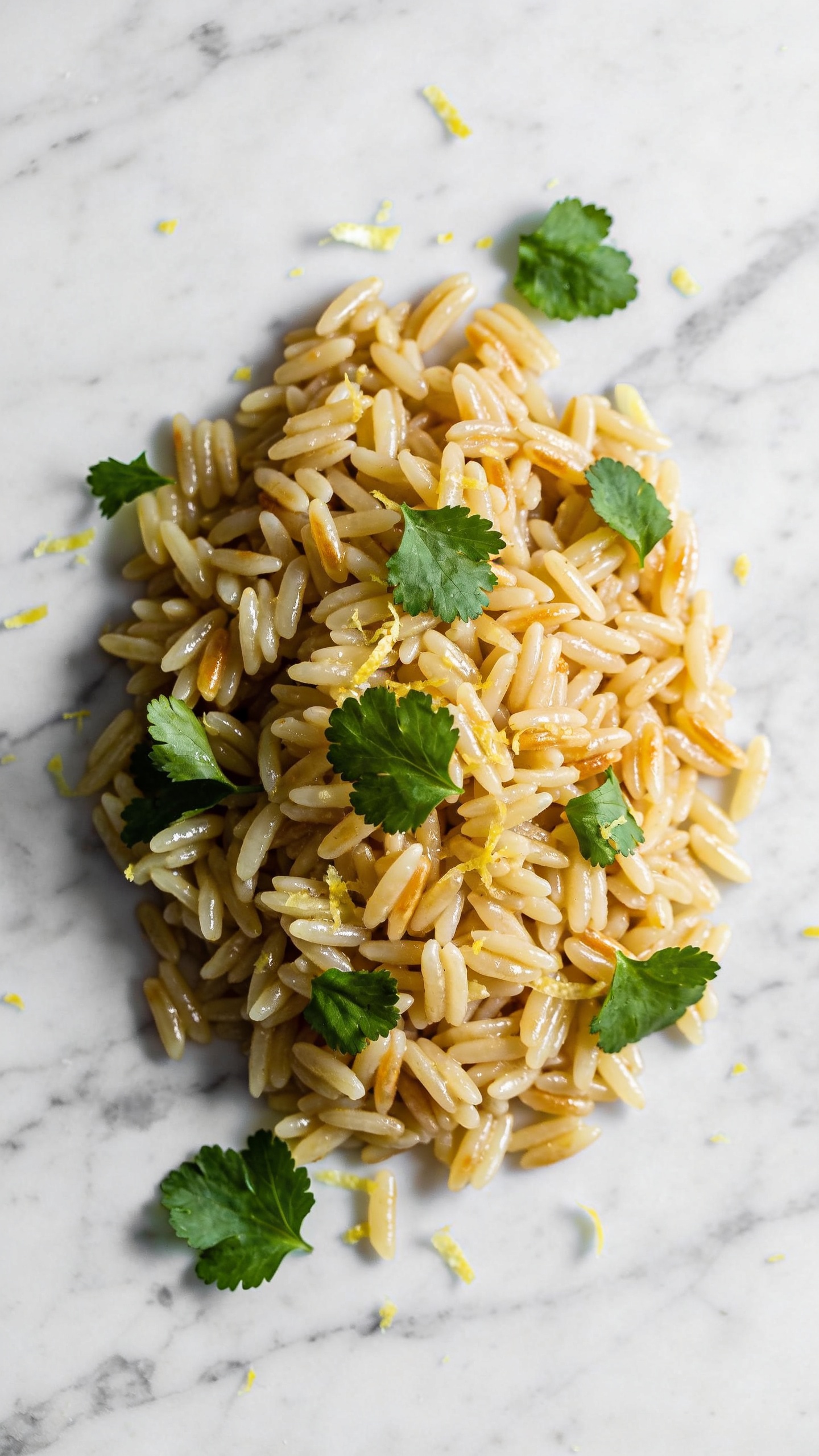 Overhead orzo salad with parsley and lemon zest on marble