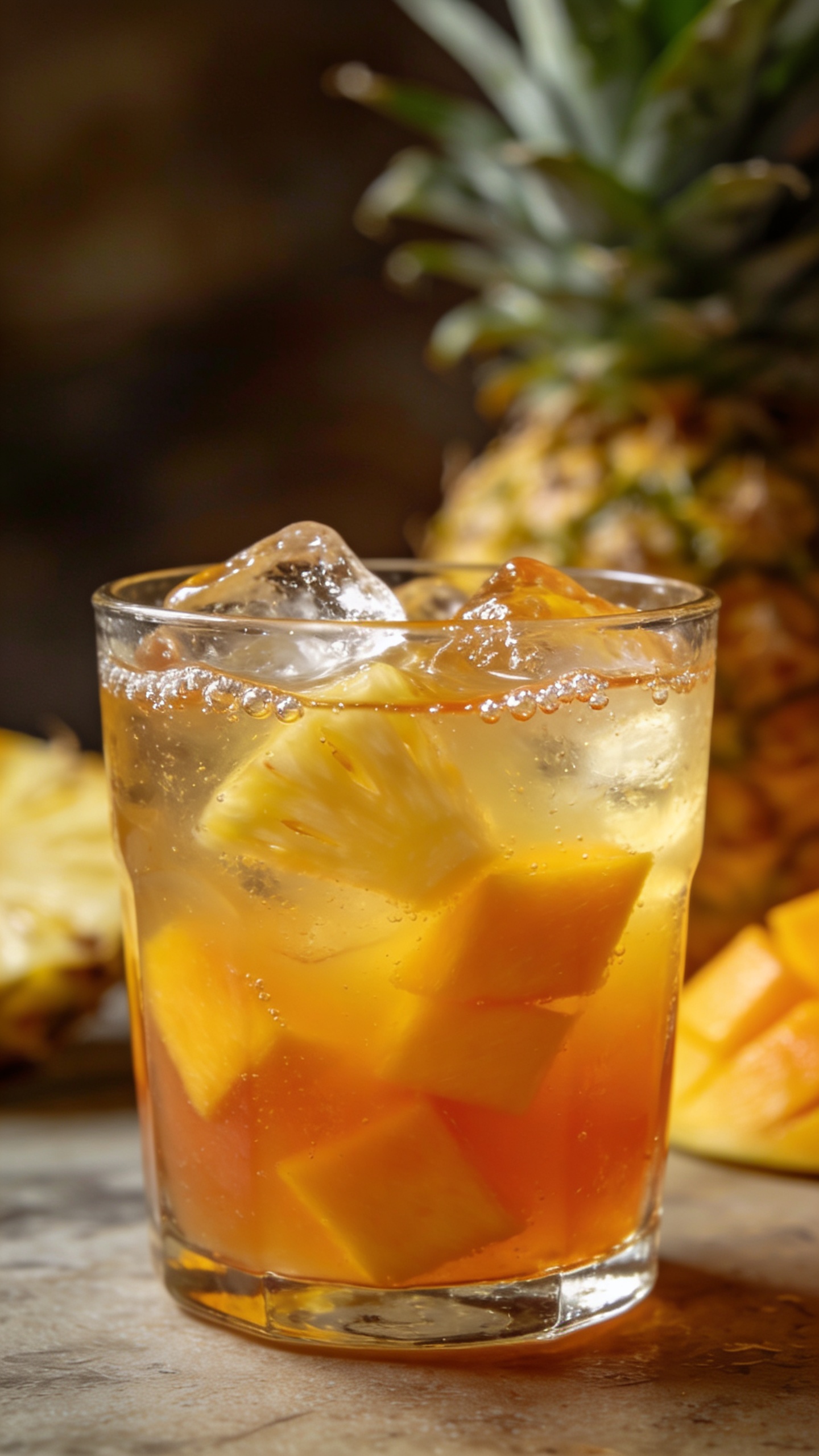 pineapple mango punch in clear glass with ice