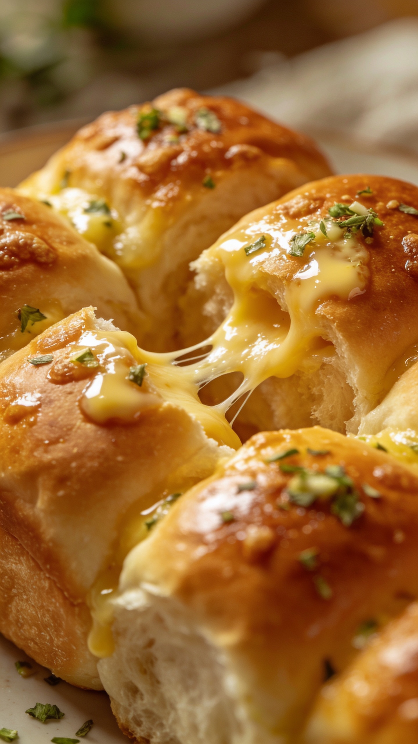 Pull-apart Hawaiian roll garlic bread, melted cheese stretch