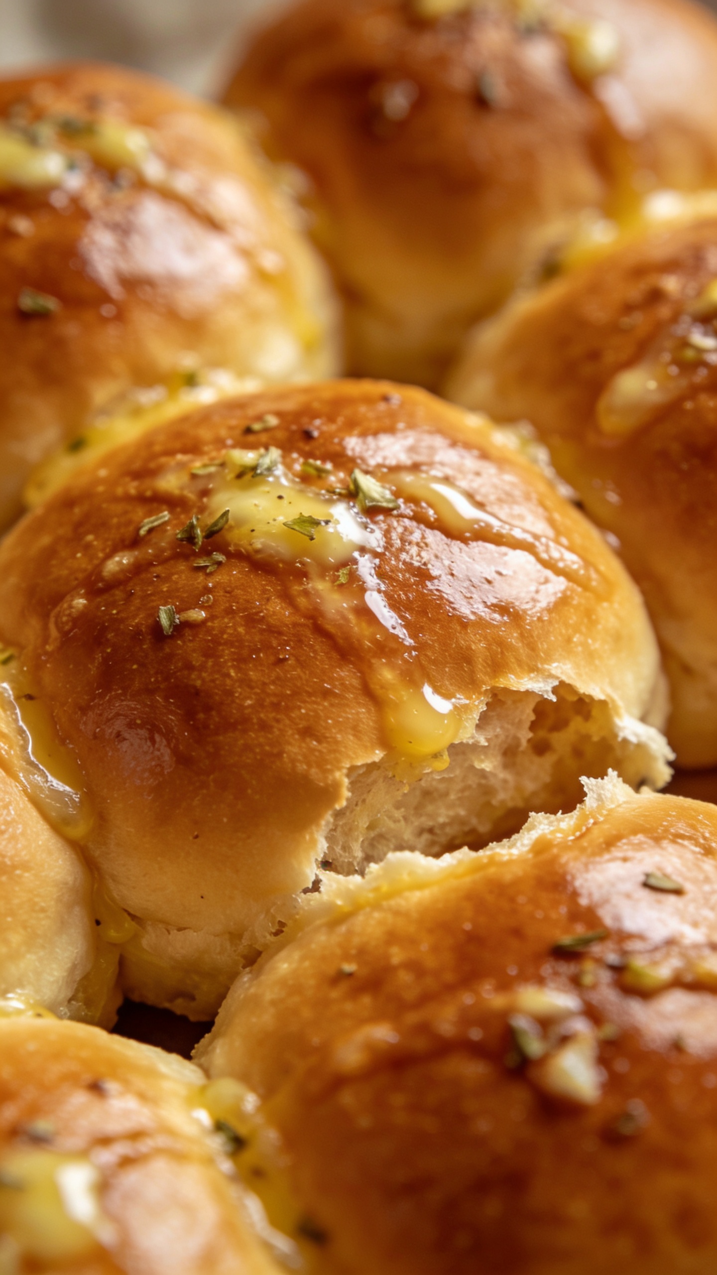 Golden Hawaiian rolls brushed with garlicky butter, close-up